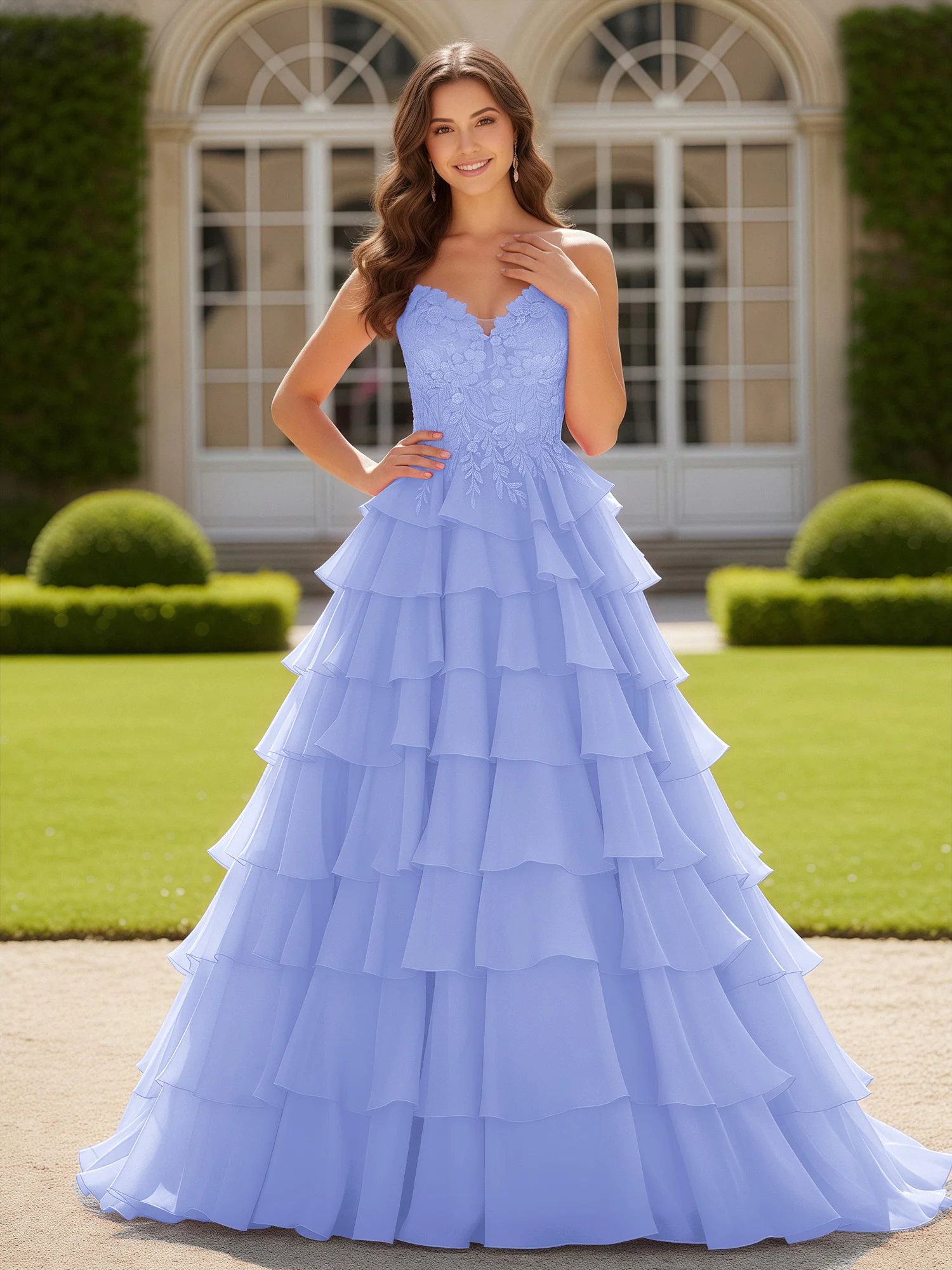 Sweetheart Applique Corset Tiered Chiffon Ball Gown Lavender