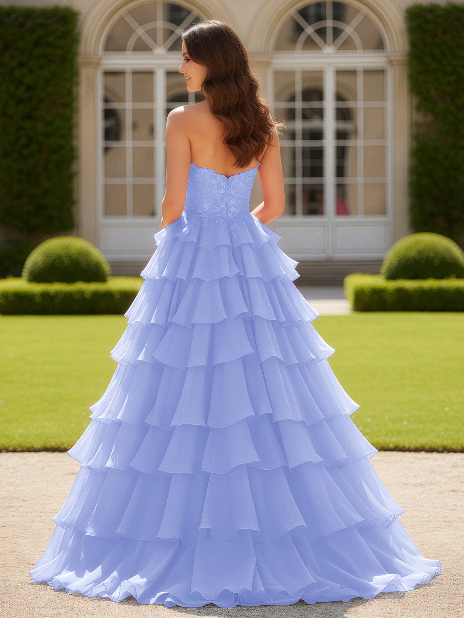Sweetheart Applique Corset Tiered Chiffon Ball Gown Lavender - Image 2