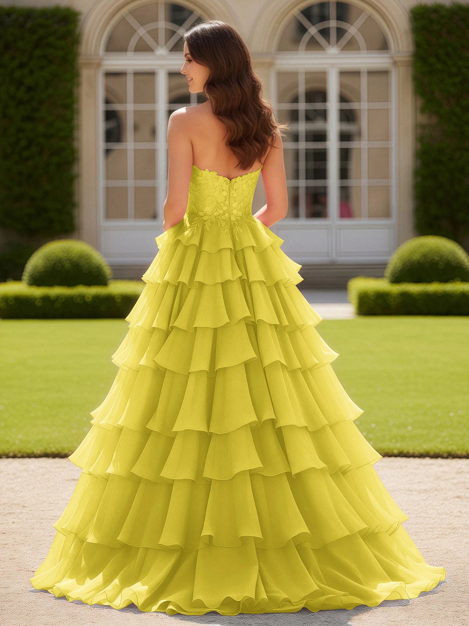 Sweetheart Applique Corset Tiered Chiffon Ball Gown Lemon - Image 2
