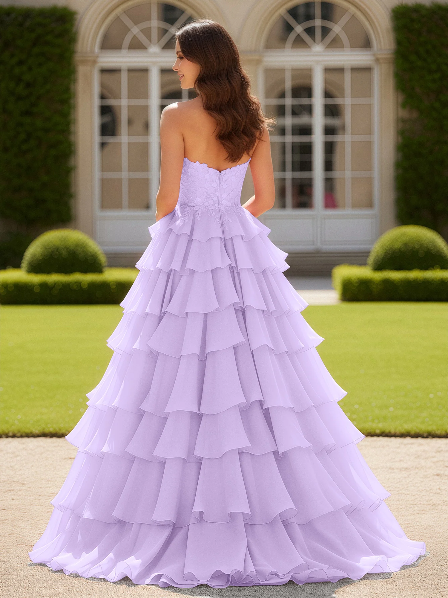 Sweetheart Applique Corset Tiered Chiffon Ball Gown Lilac - Image 2