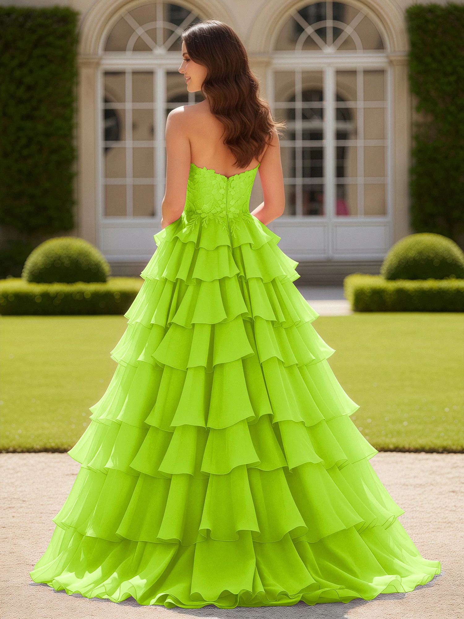 Sweetheart Applique Corset Tiered Chiffon Ball Gown Lime Green - Image 2