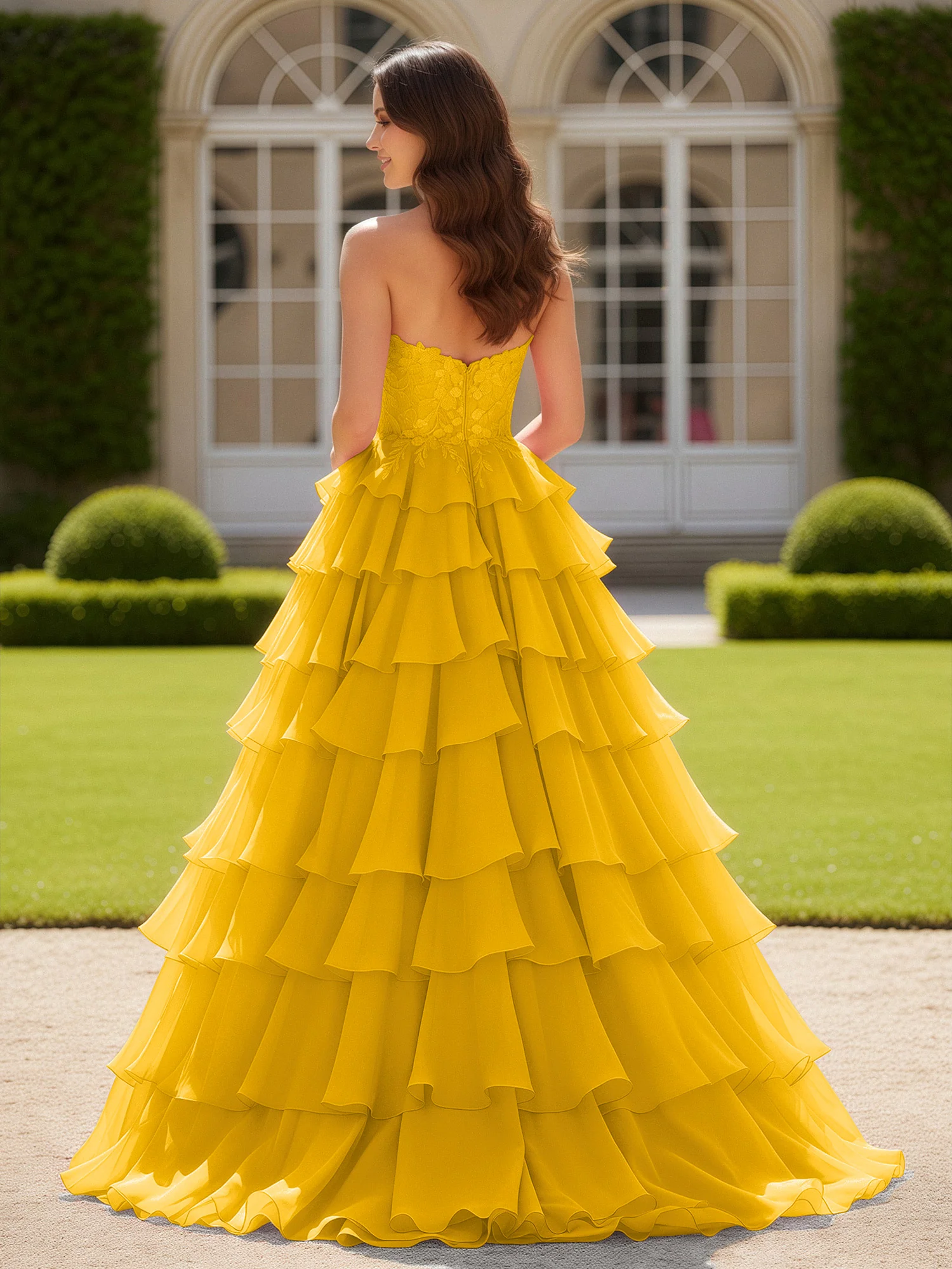 Sweetheart Applique Corset Tiered Chiffon Ball Gown Marigold - Image 2