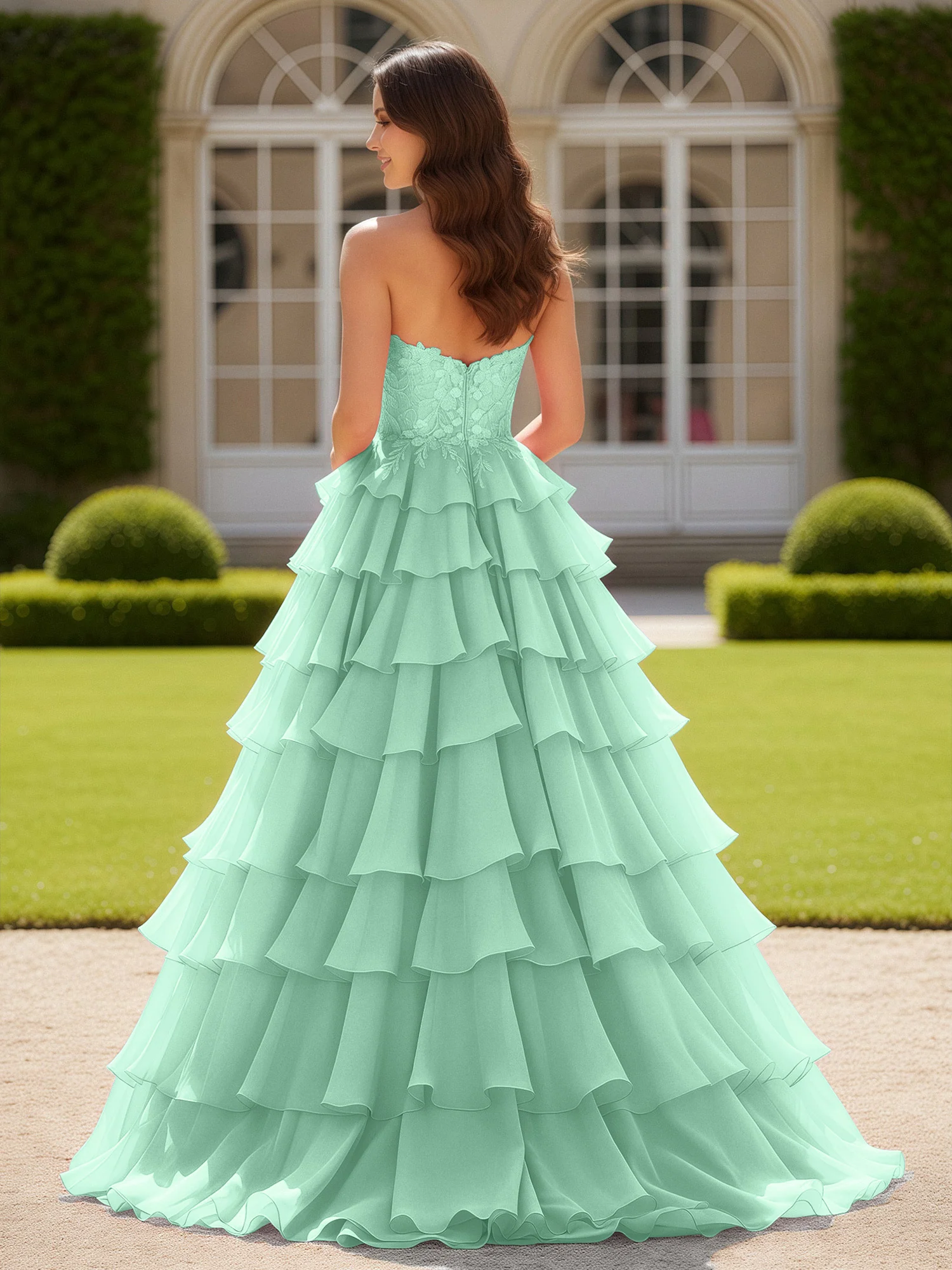 Sweetheart Applique Corset Tiered Chiffon Ball Gown Mint Green - Image 2