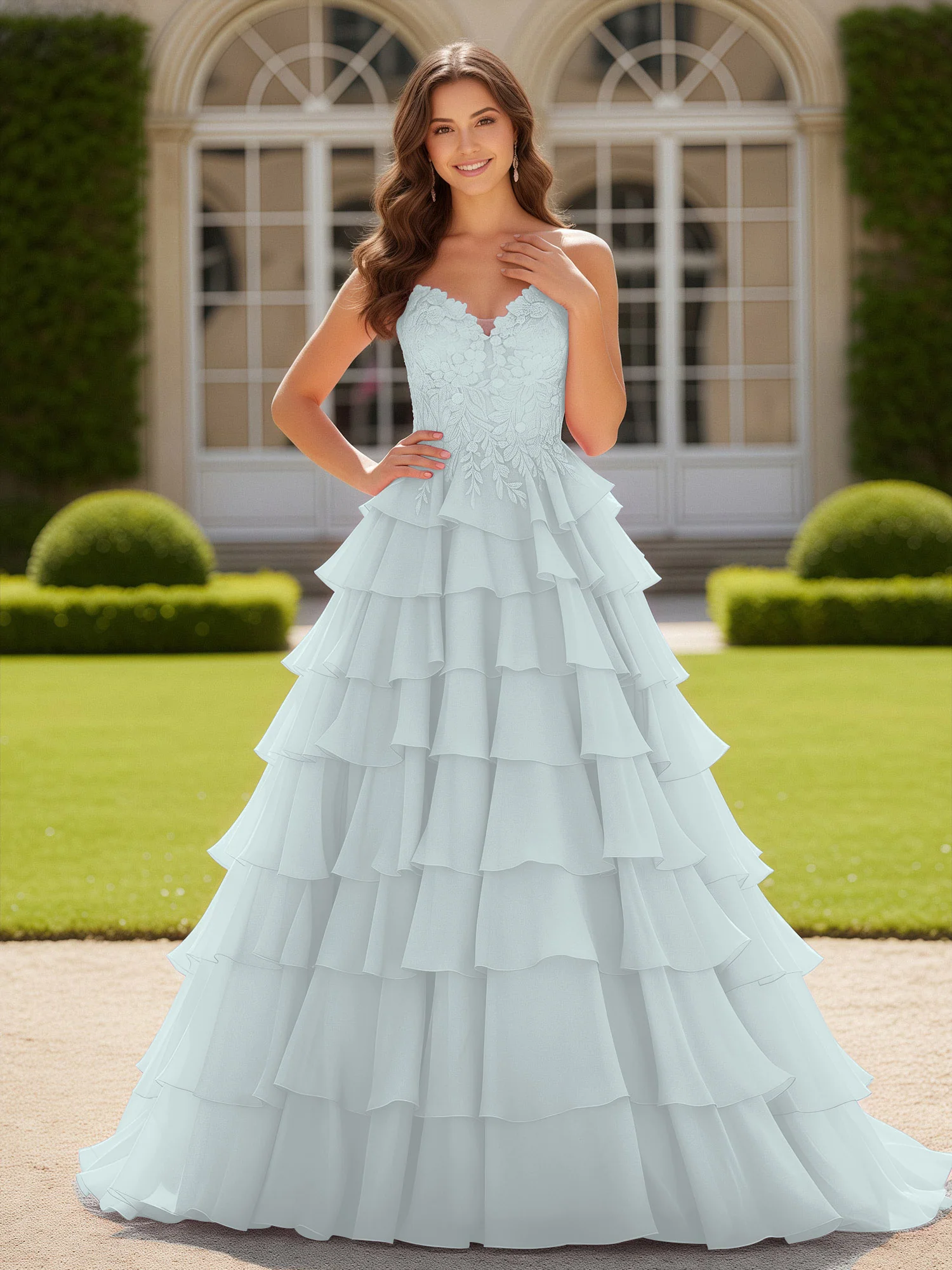 Sweetheart Applique Corset Tiered Chiffon Ball Gown Mist