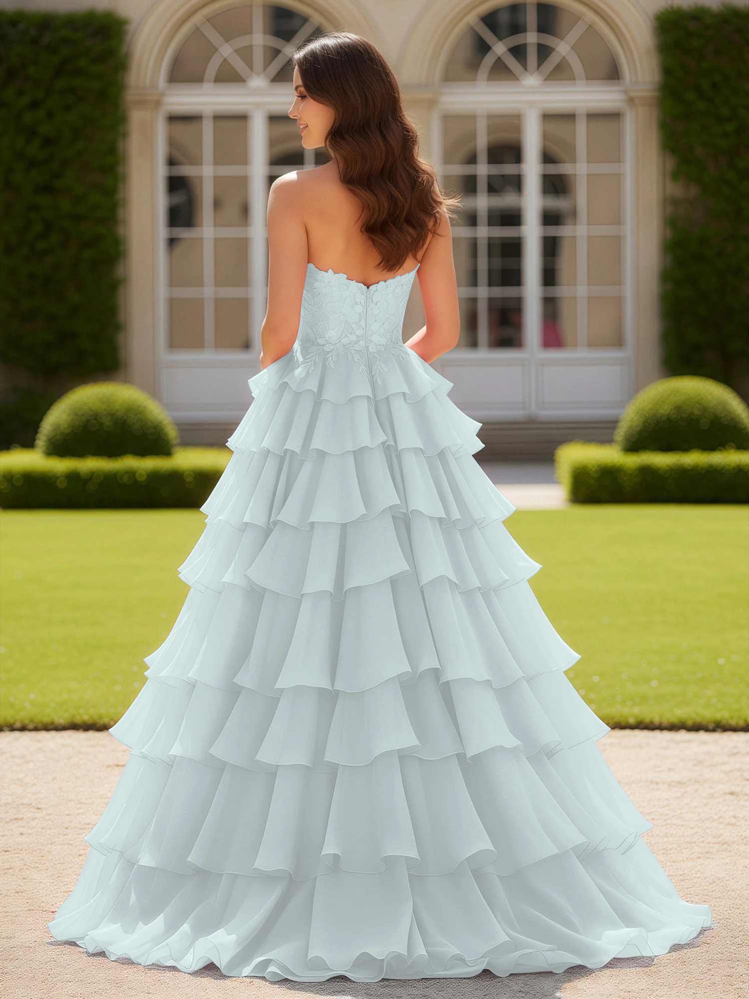 Sweetheart Applique Corset Tiered Chiffon Ball Gown Mist - Image 2