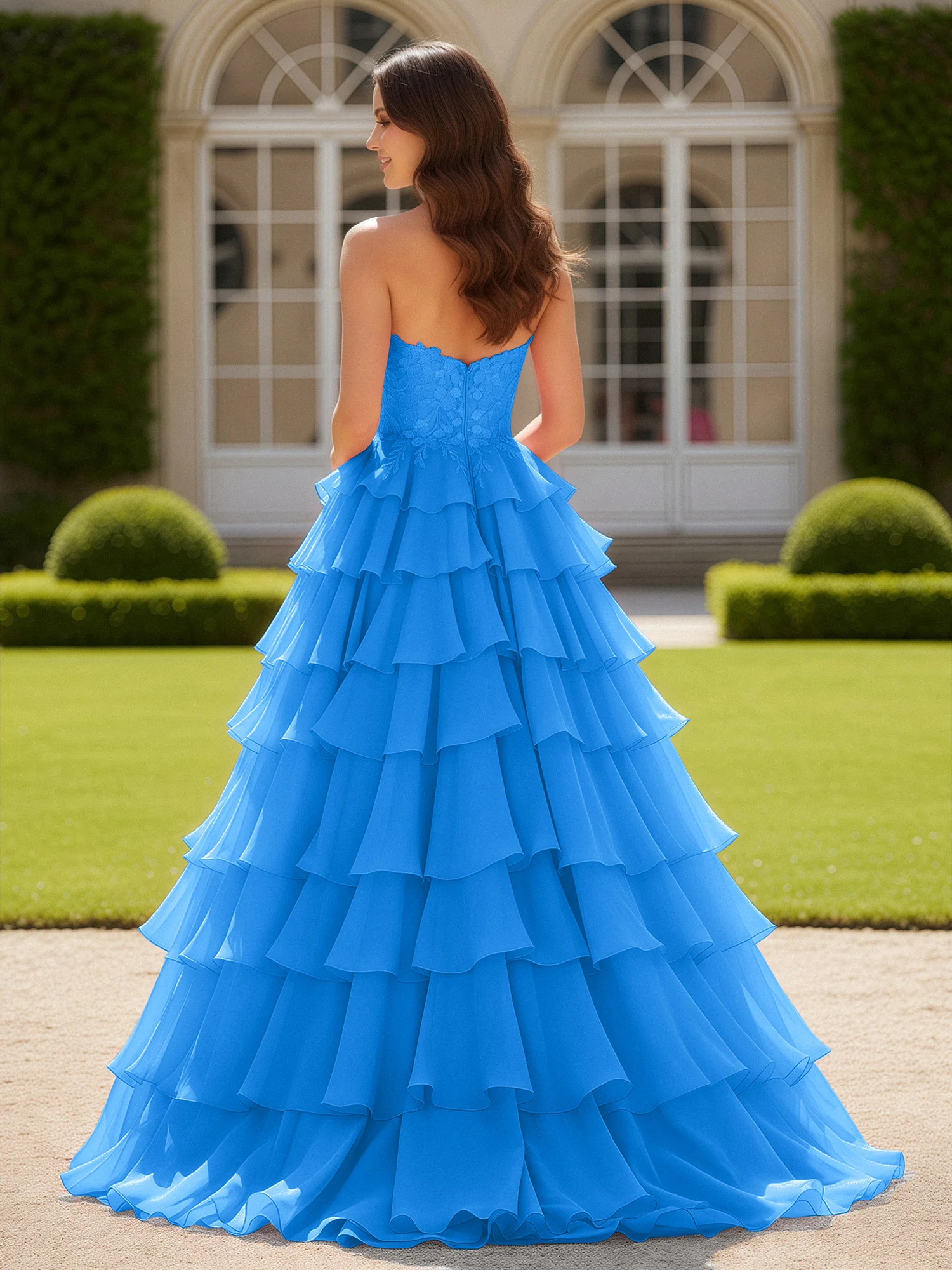 Sweetheart Applique Corset Tiered Chiffon Ball Gown Ocean Blue - Image 2