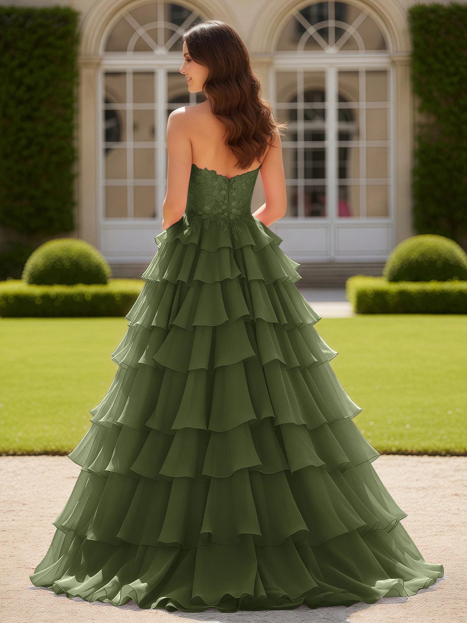 Sweetheart Applique Corset Tiered Chiffon Ball Gown Olive Green - Image 2