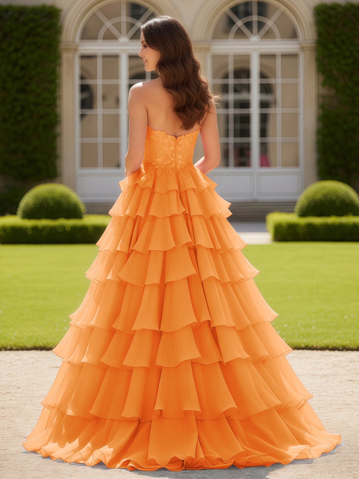 Sweetheart Applique Corset Tiered Chiffon Ball Gown Orange - Image 2