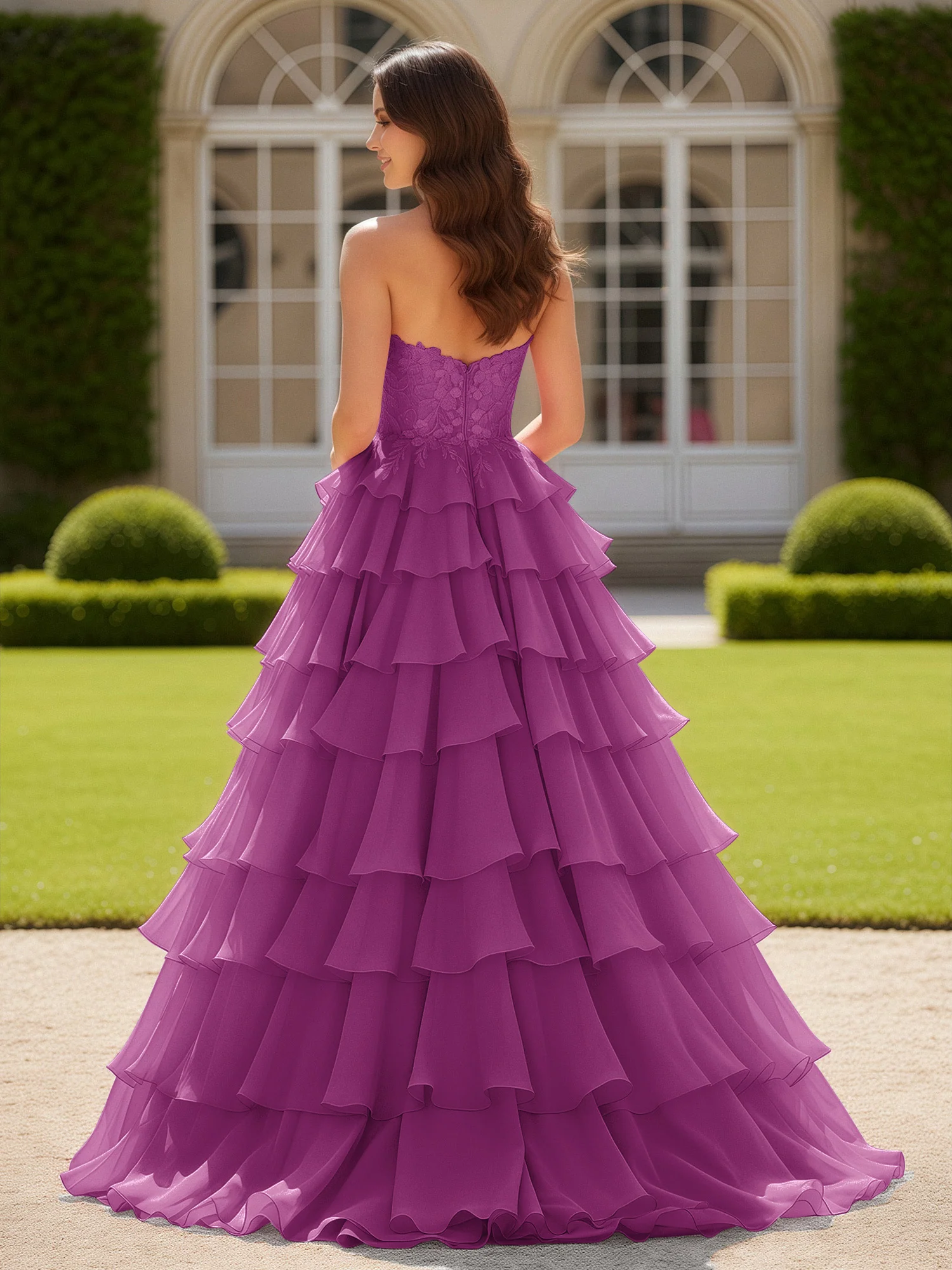 Sweetheart Applique Corset Tiered Chiffon Ball Gown Orchid - Image 2