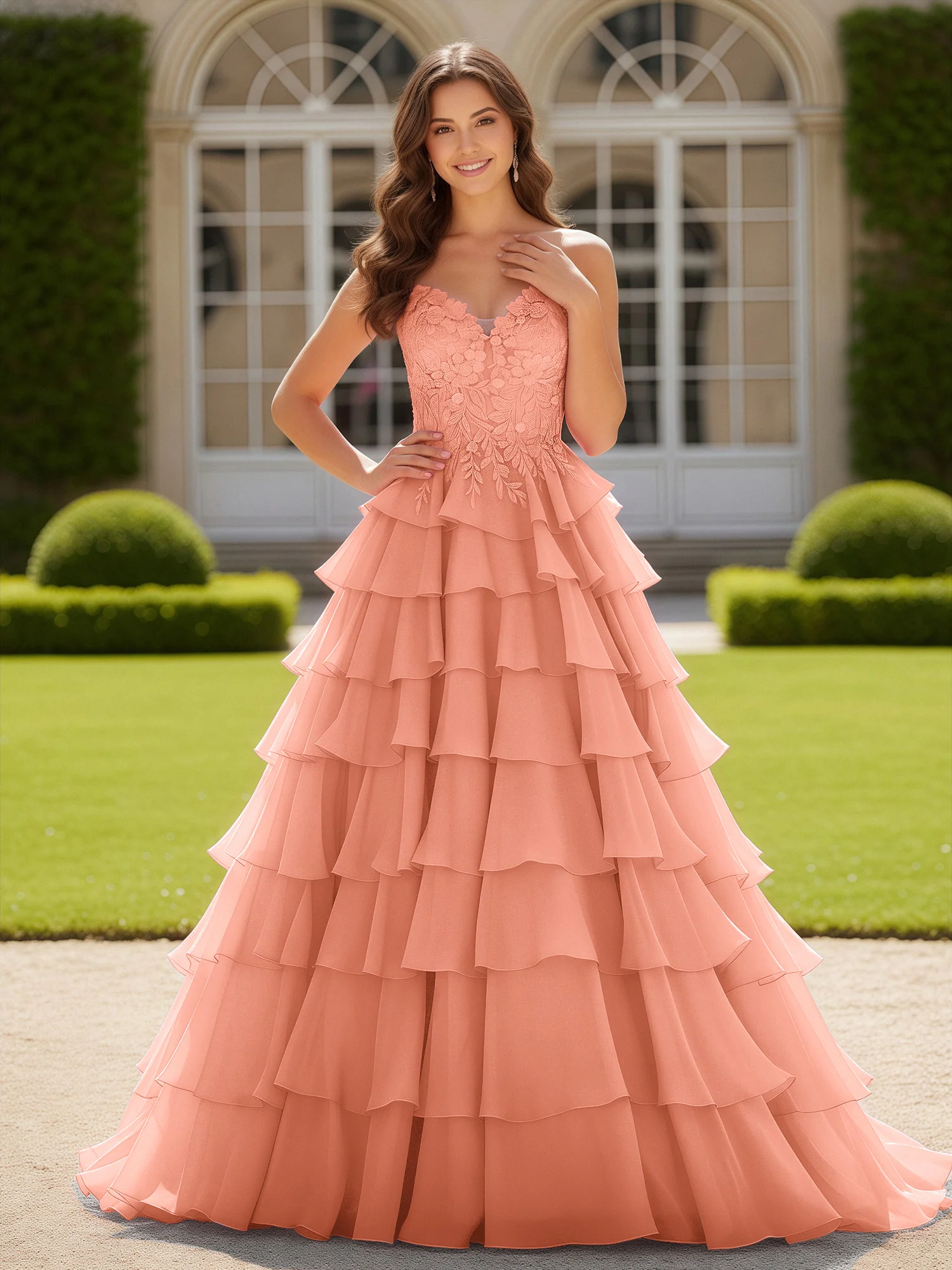 Sweetheart Applique Corset Tiered Chiffon Ball Gown Papaya