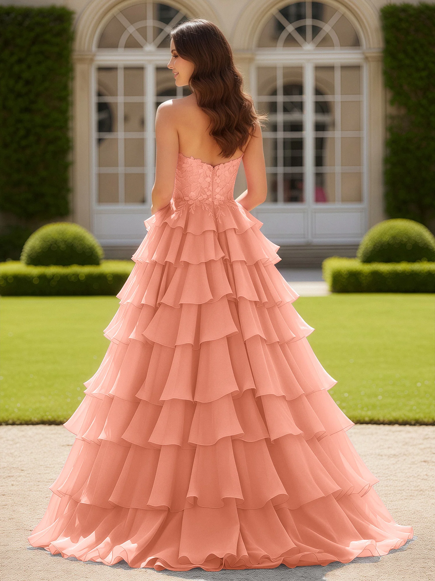 Sweetheart Applique Corset Tiered Chiffon Ball Gown Papaya - Image 2