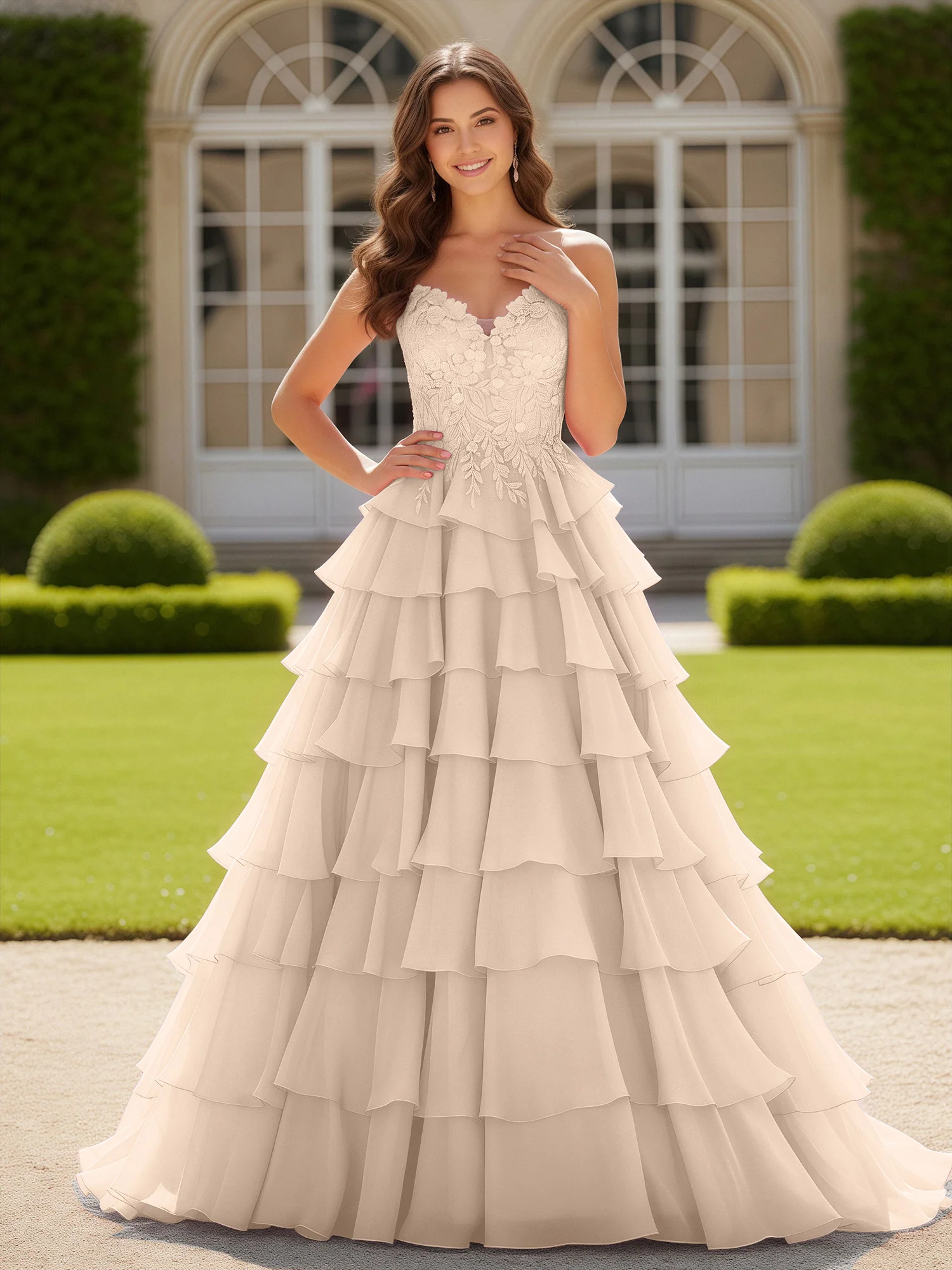 Sweetheart Applique Corset Tiered Chiffon Ball Gown Peach