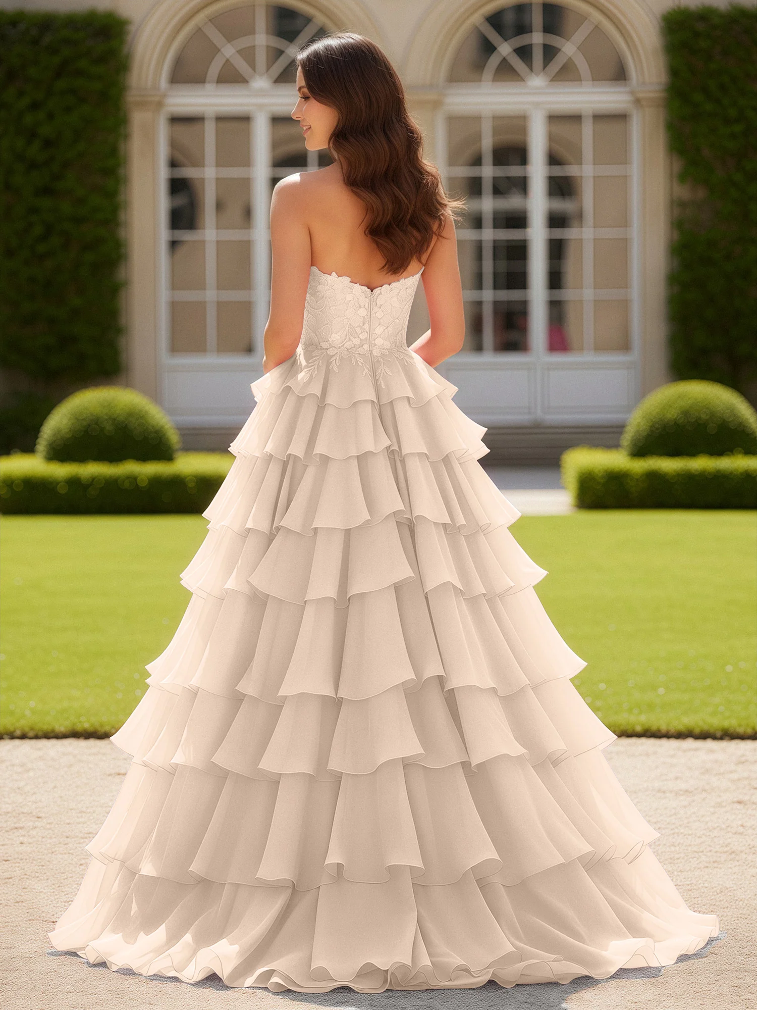 Sweetheart Applique Corset Tiered Chiffon Ball Gown Peach - Image 2