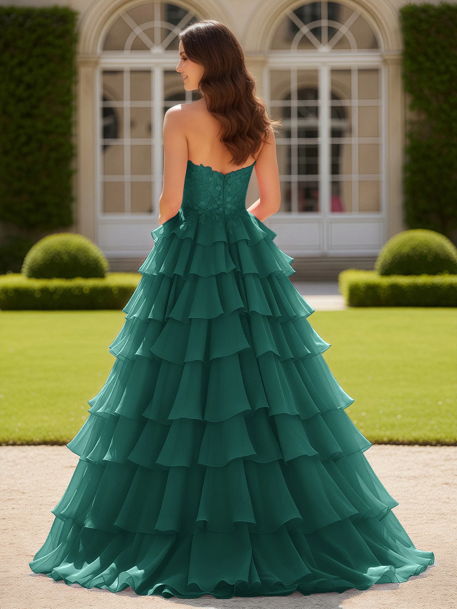 Sweetheart Applique Corset Tiered Chiffon Ball Gown Peacock - Image 2