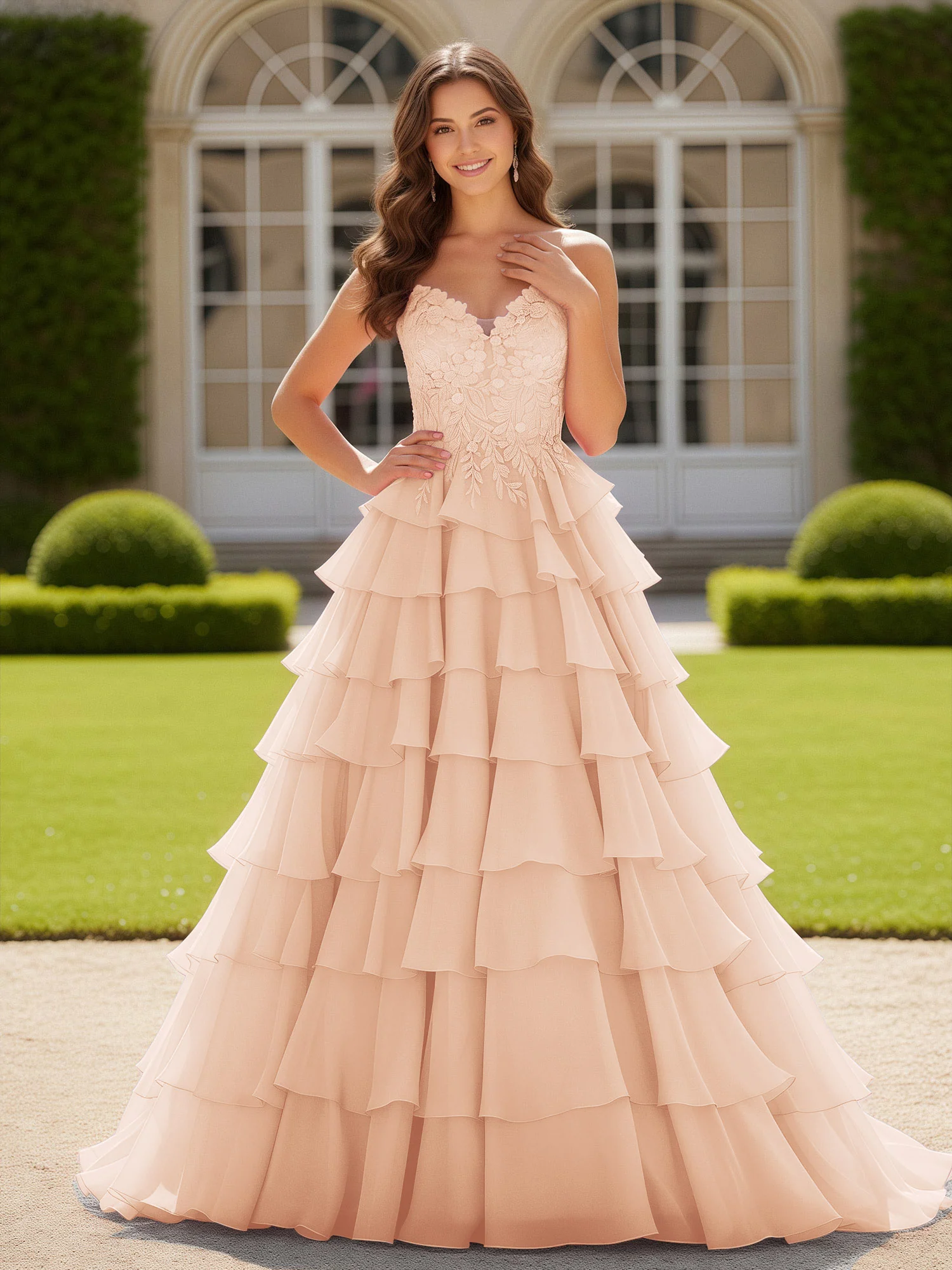 Sweetheart Applique Corset Tiered Chiffon Ball Gown Pearl Pink