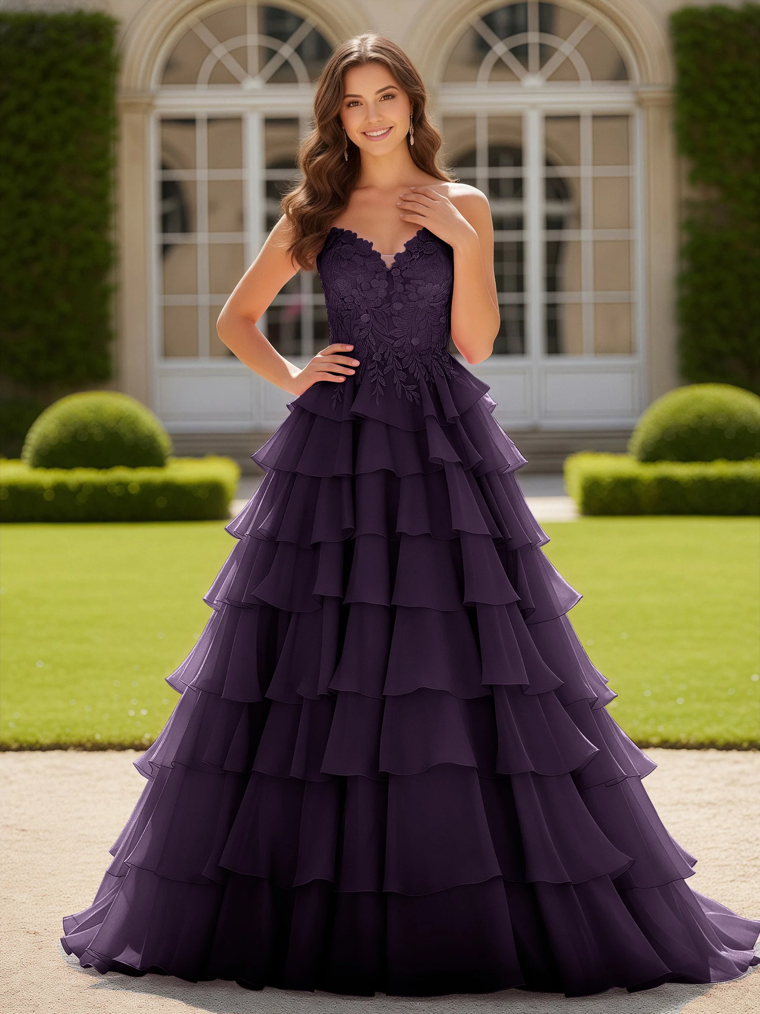 Sweetheart Applique Corset Tiered Chiffon Ball Gown Plum