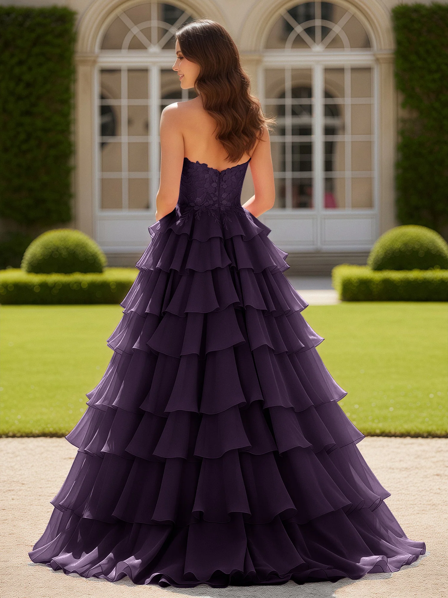 Sweetheart Applique Corset Tiered Chiffon Ball Gown Plum - Image 2