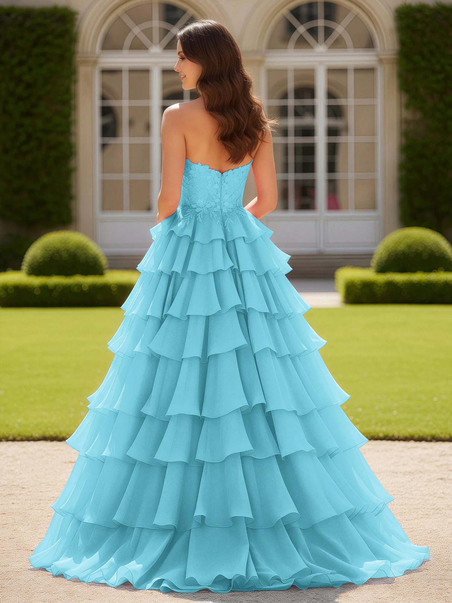 Sweetheart Applique Corset Tiered Chiffon Ball Gown Pool - Image 2