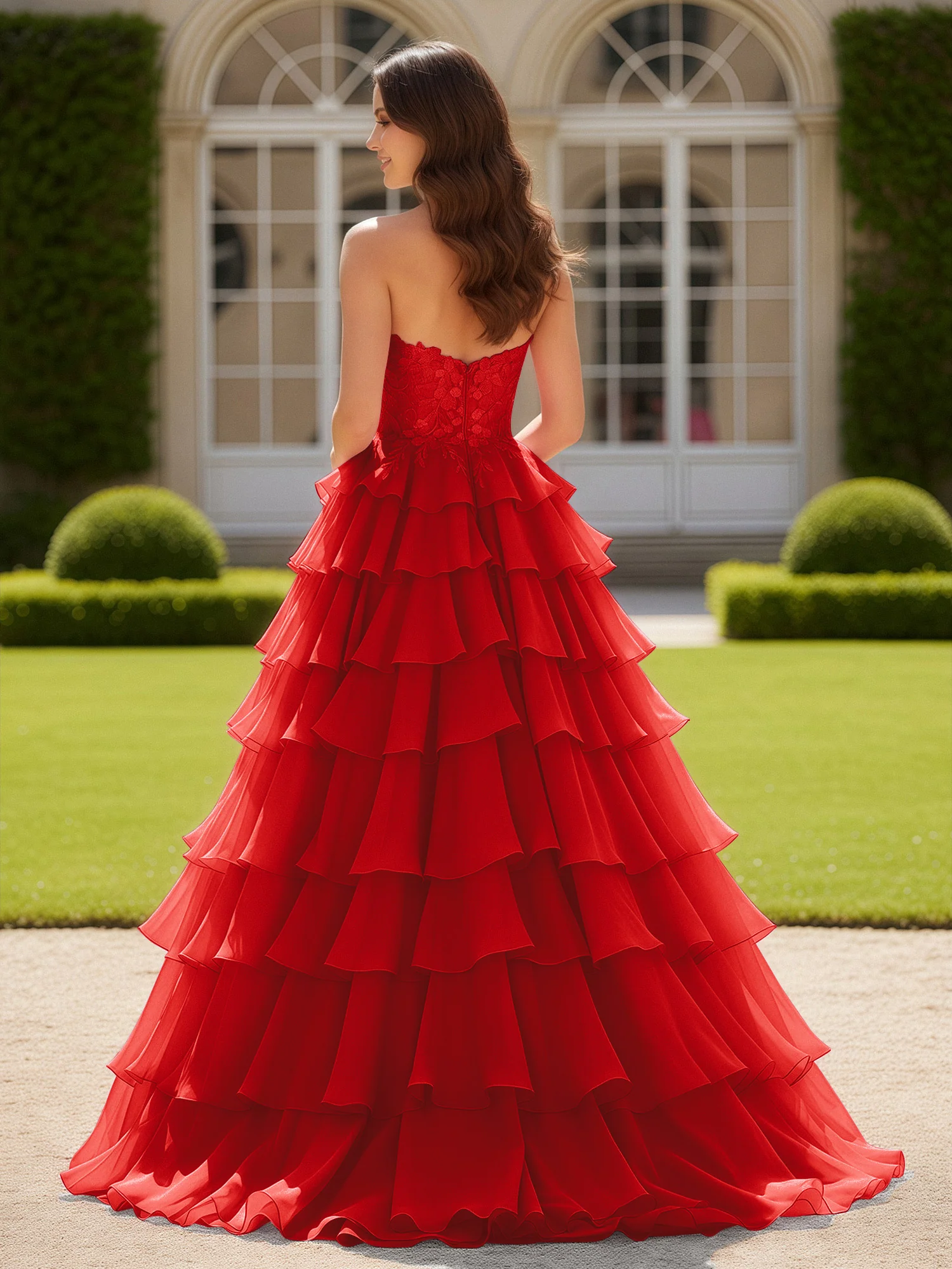 Sweetheart Applique Corset Tiered Chiffon Ball Gown Red - Image 2