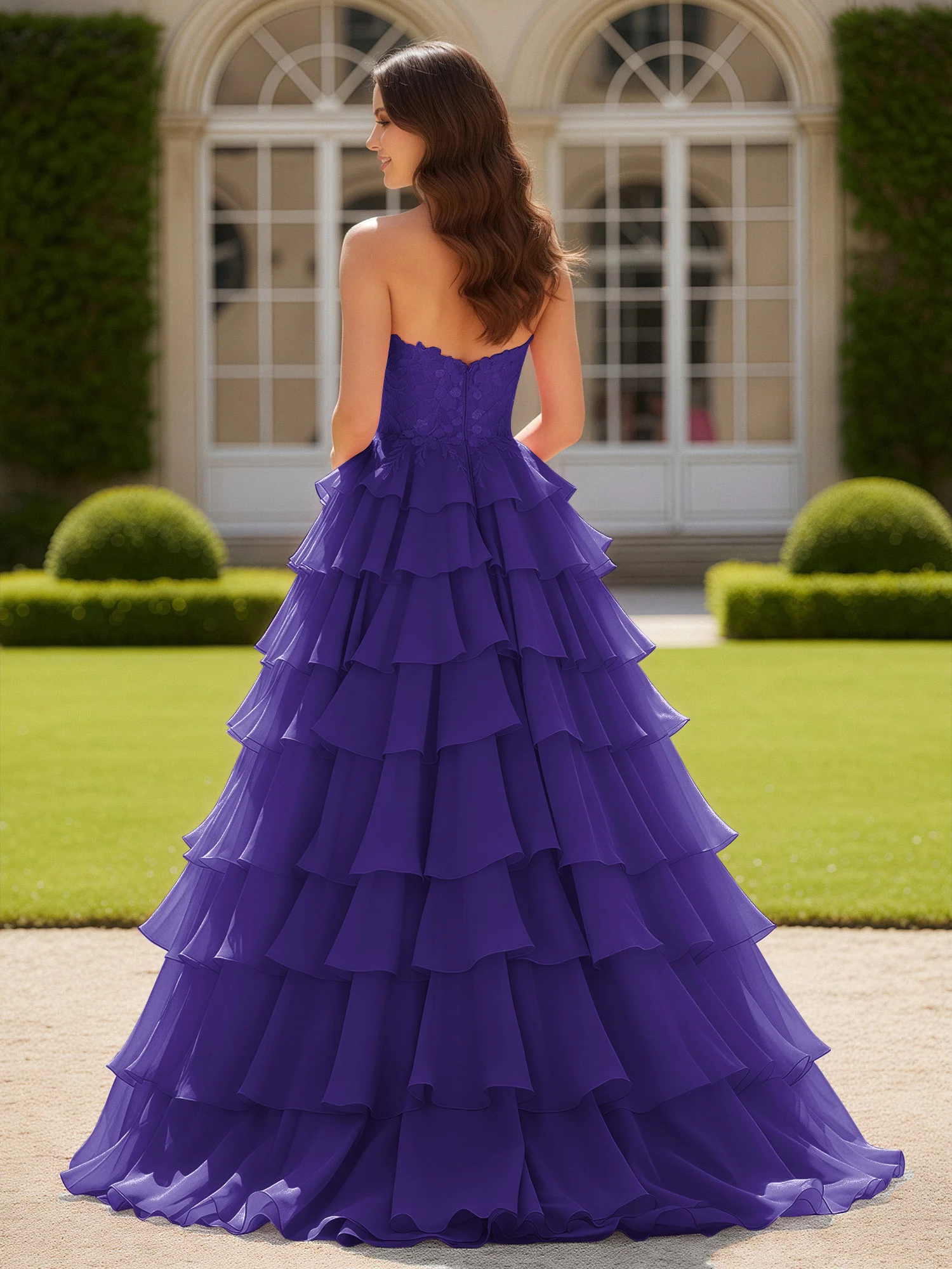 Sweetheart Applique Corset Tiered Chiffon Ball Gown Regency - Image 2