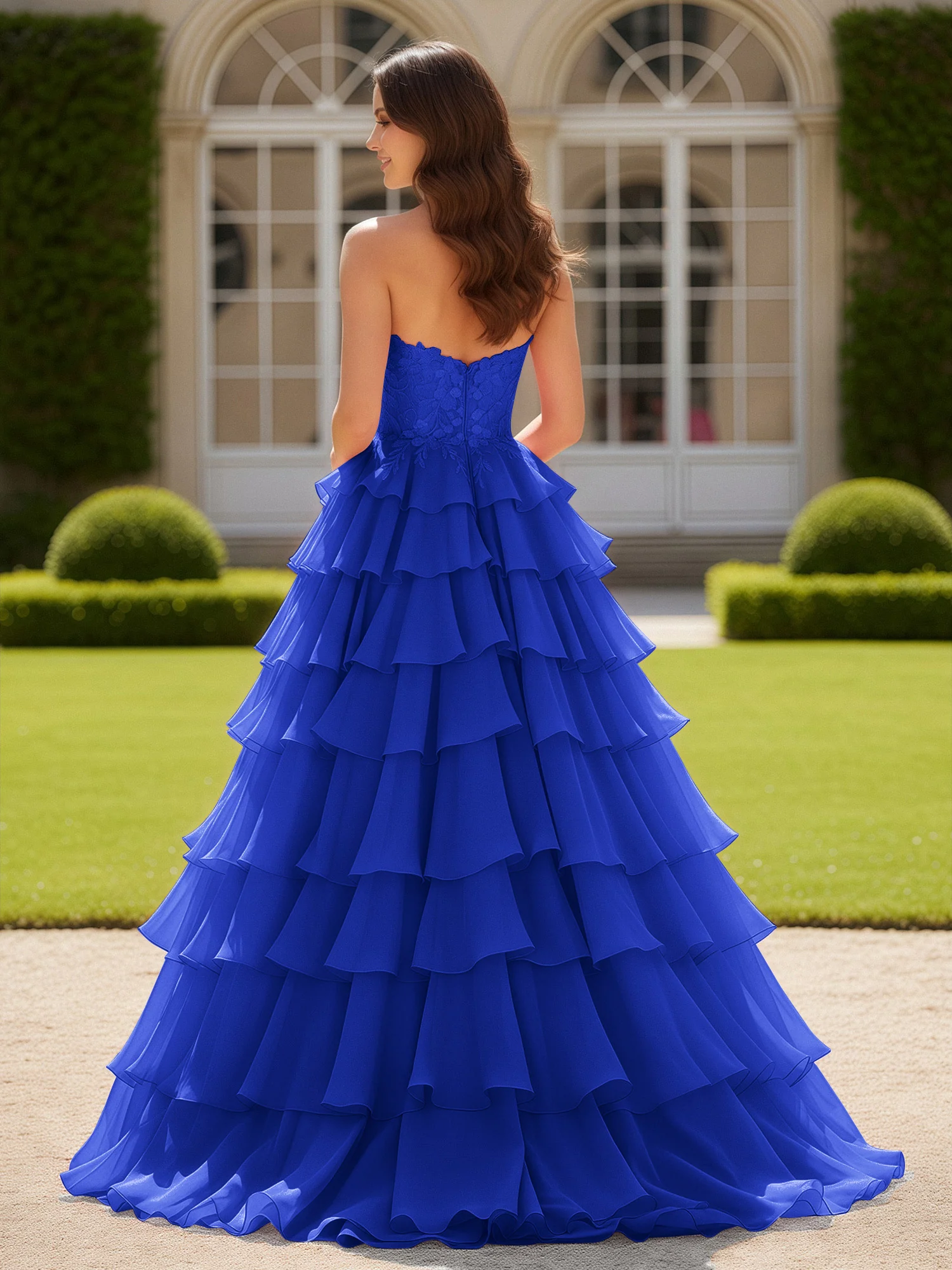 Sweetheart Applique Corset Tiered Chiffon Ball Gown Royal Blue - Image 2