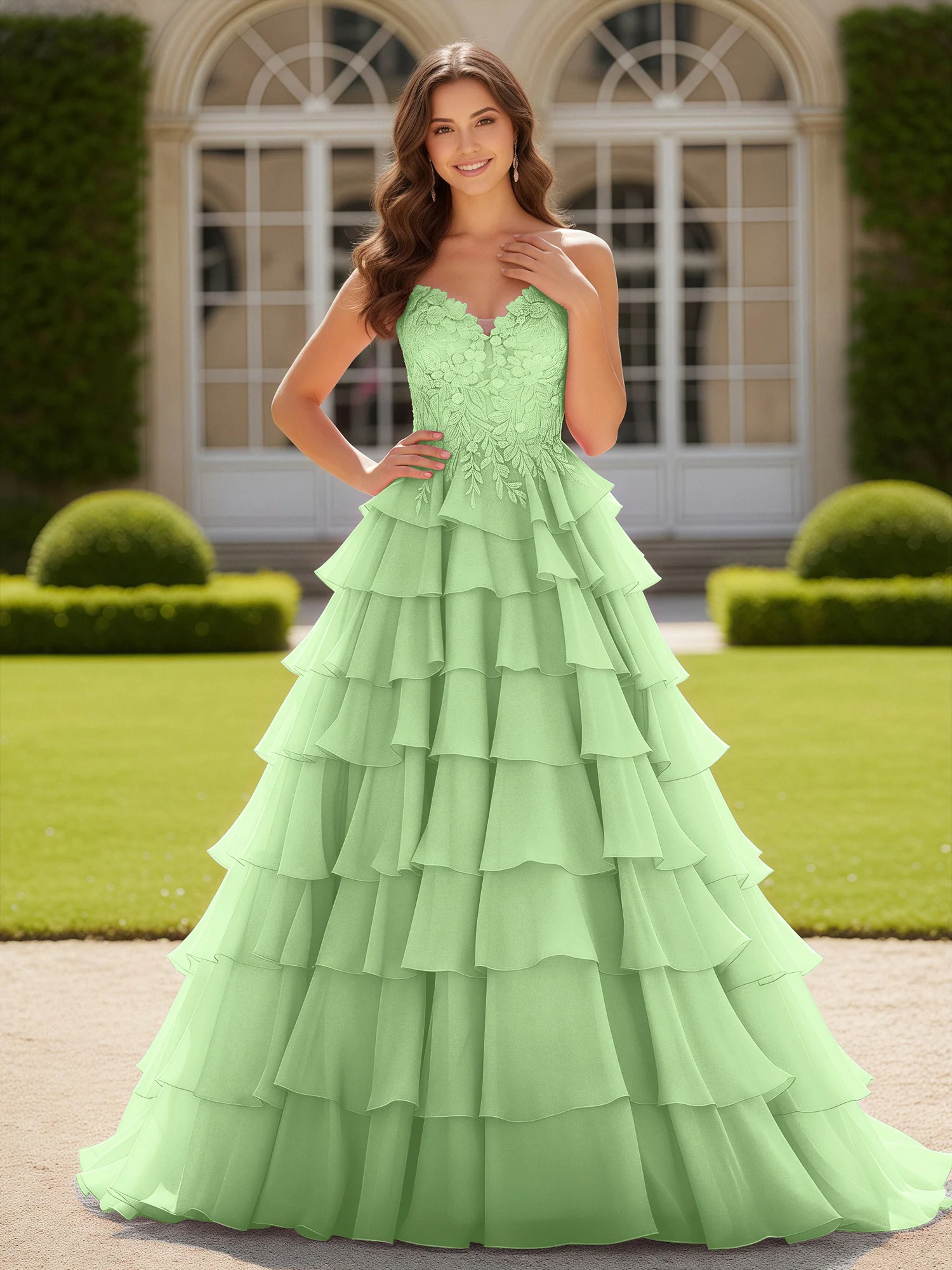 Sweetheart Applique Corset Tiered Chiffon Ball Gown Sage