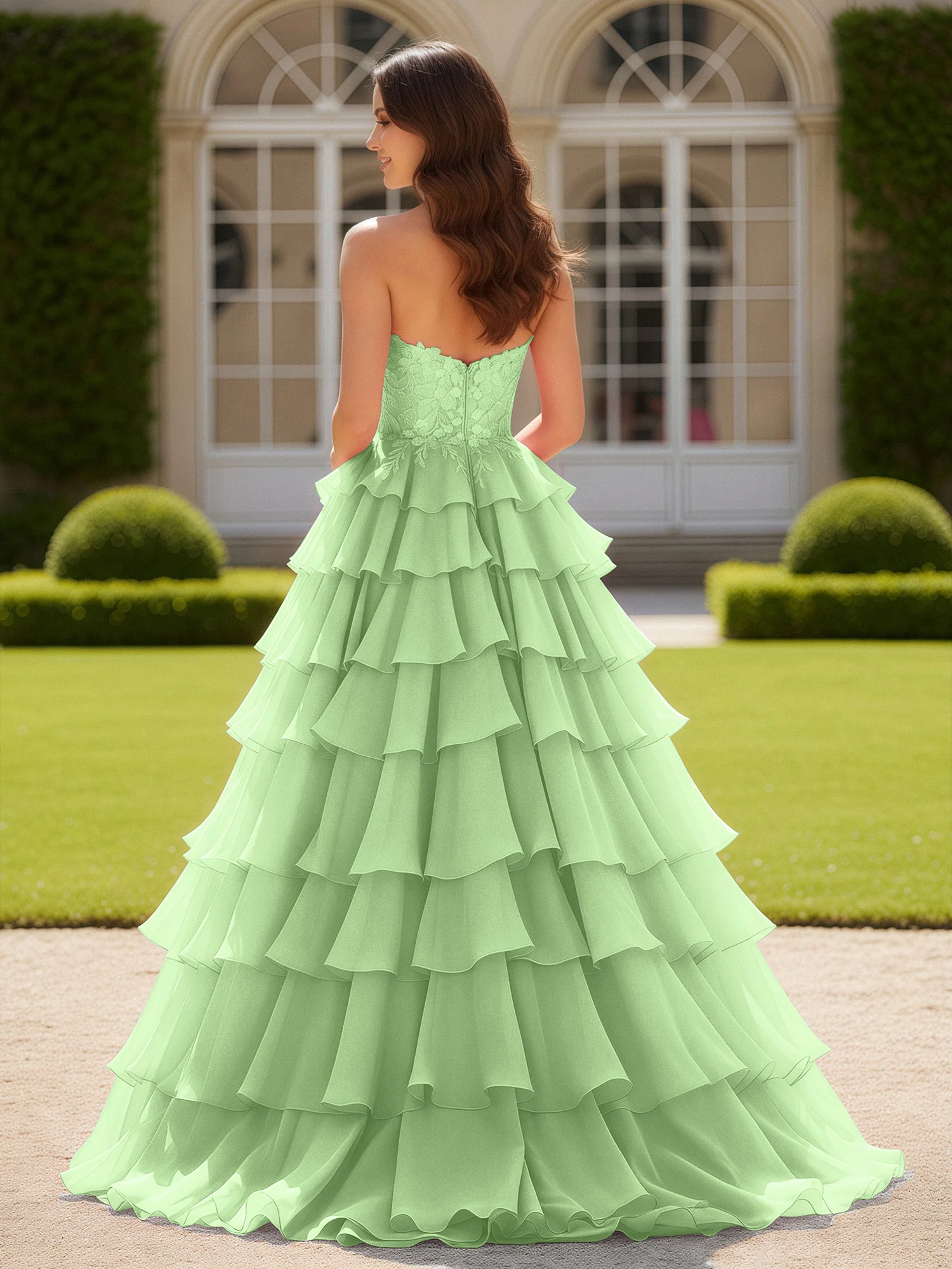 Sweetheart Applique Corset Tiered Chiffon Ball Gown Sage - Image 2