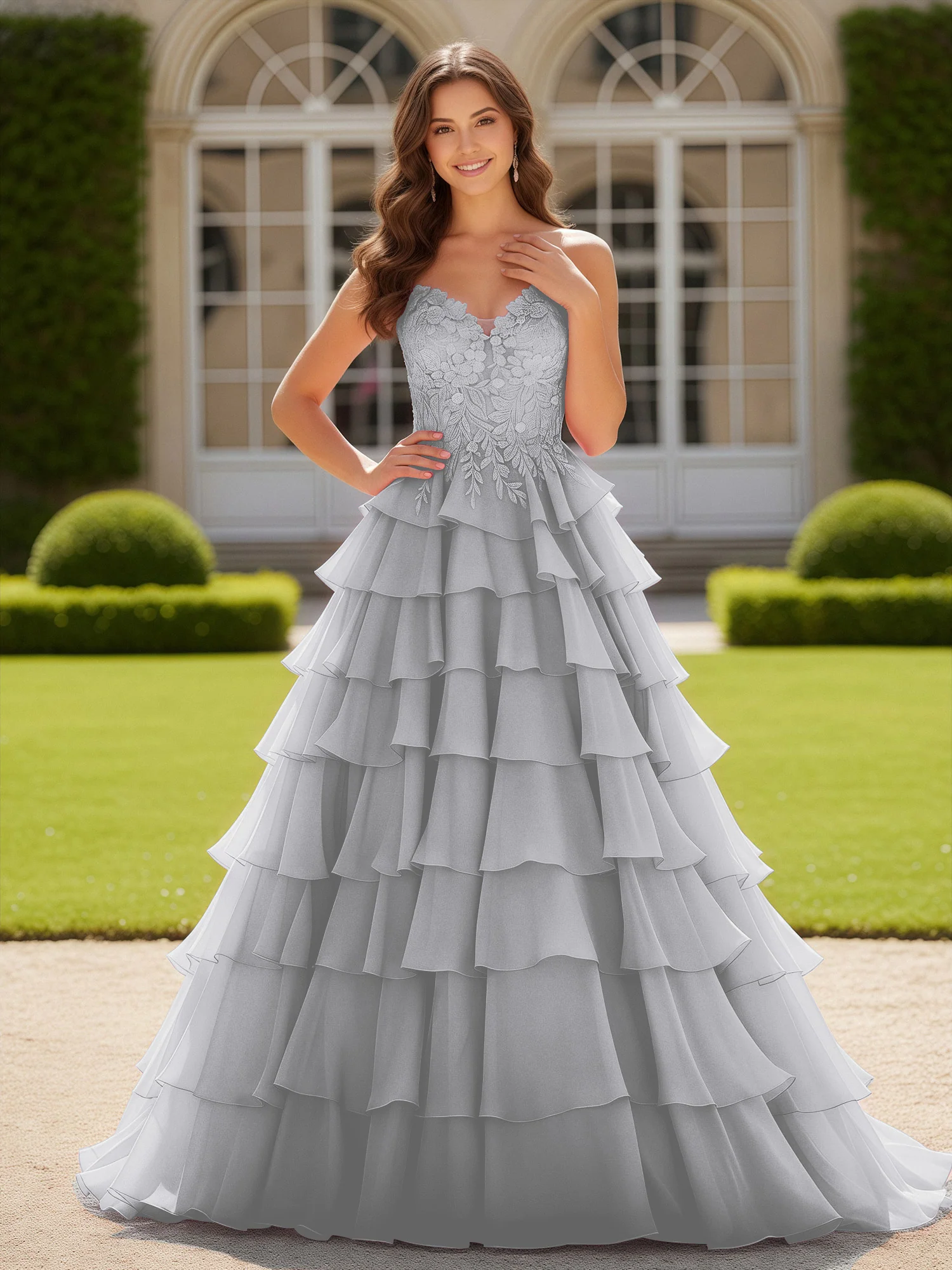 Sweetheart Applique Corset Tiered Chiffon Ball Gown Silver