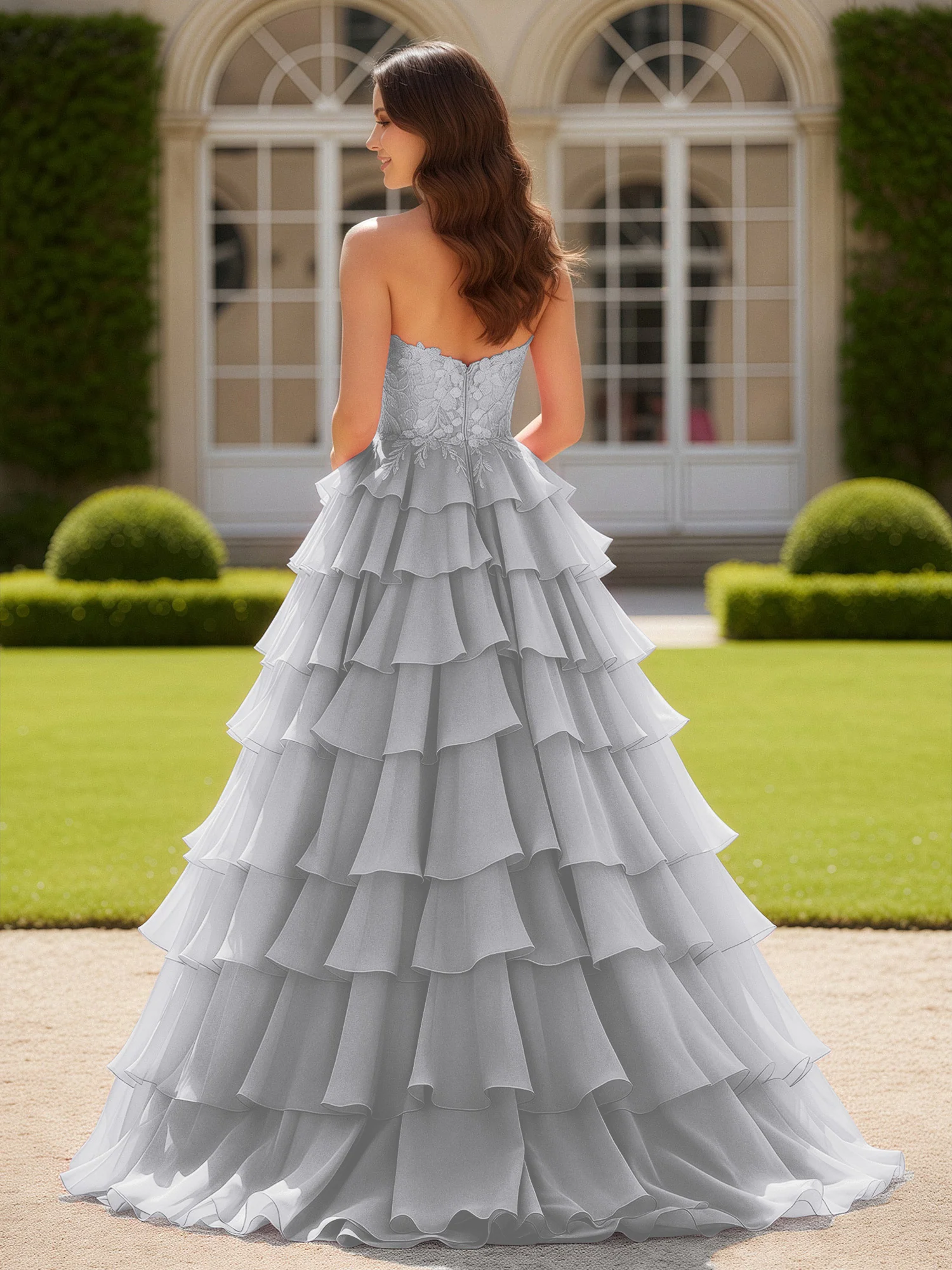 Sweetheart Applique Corset Tiered Chiffon Ball Gown Silver - Image 2
