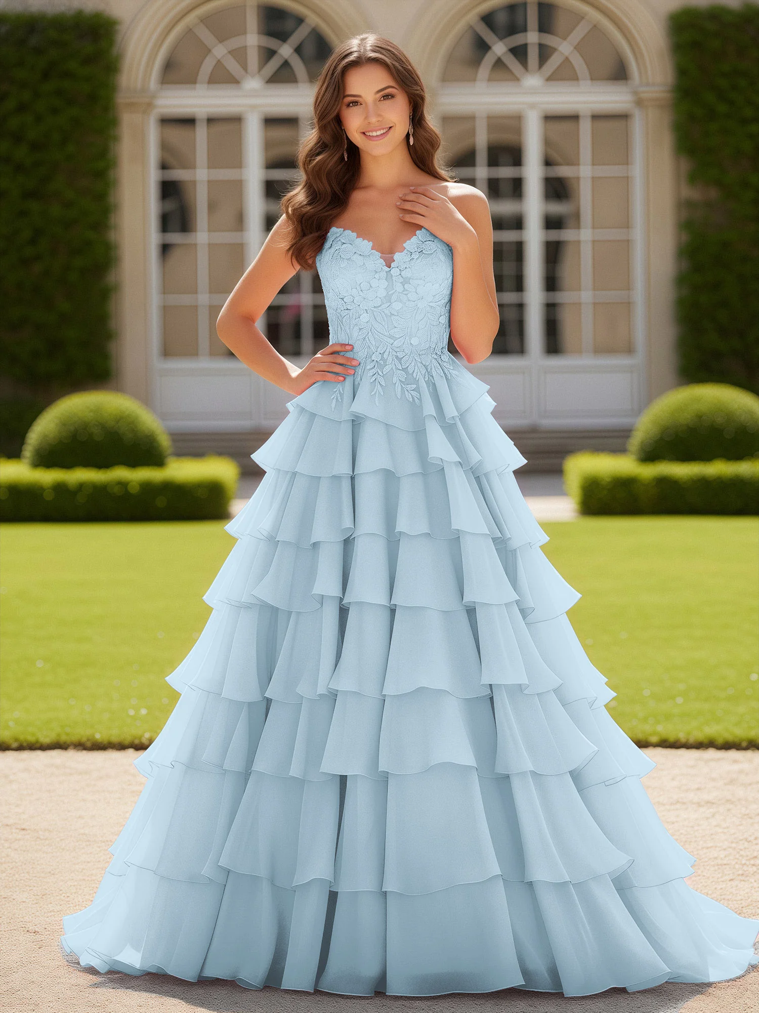 Sweetheart Applique Corset Tiered Chiffon Ball Gown Sky Blue