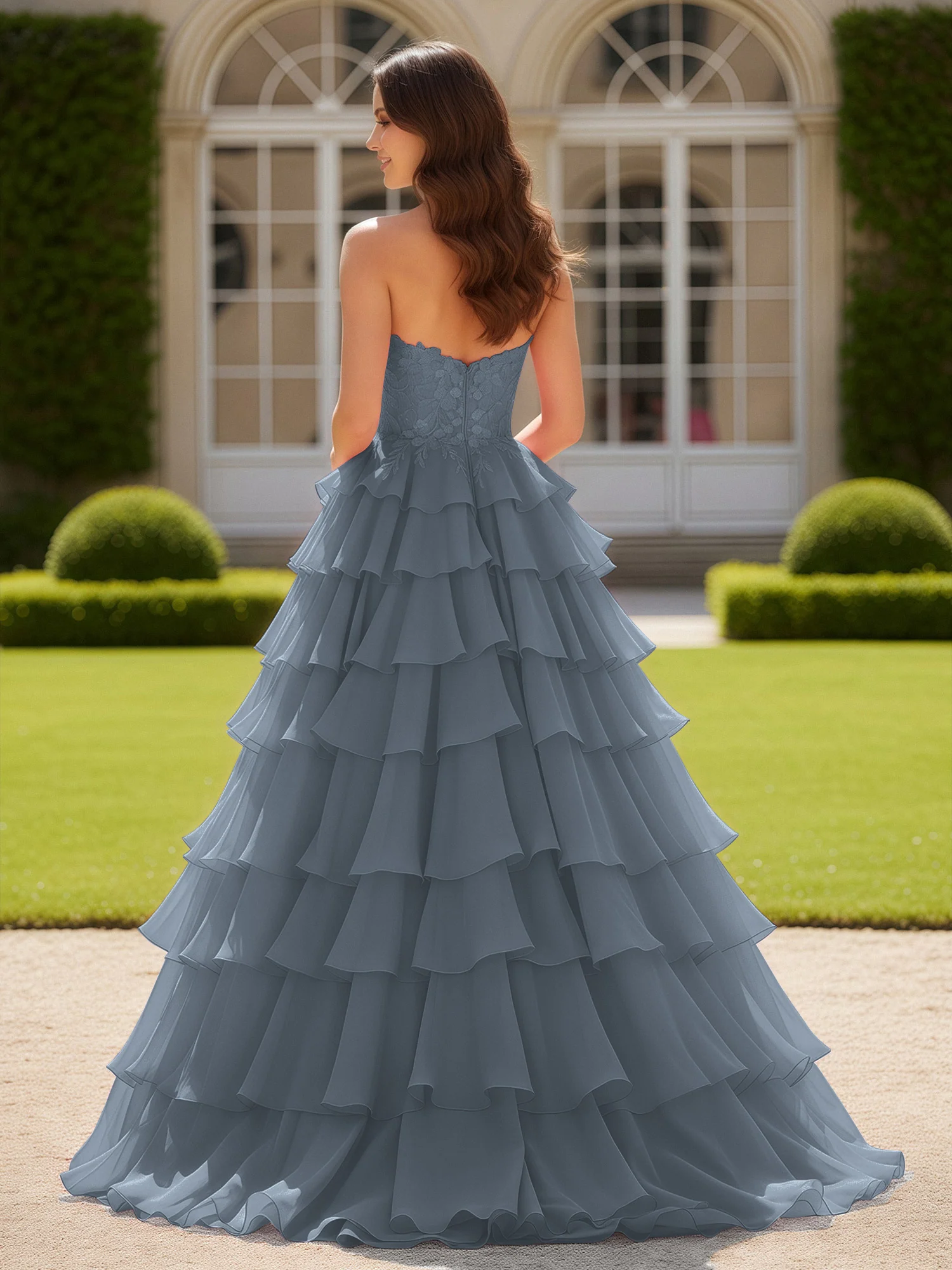 Sweetheart Applique Corset Tiered Chiffon Ball Gown Slate Blue - Image 2