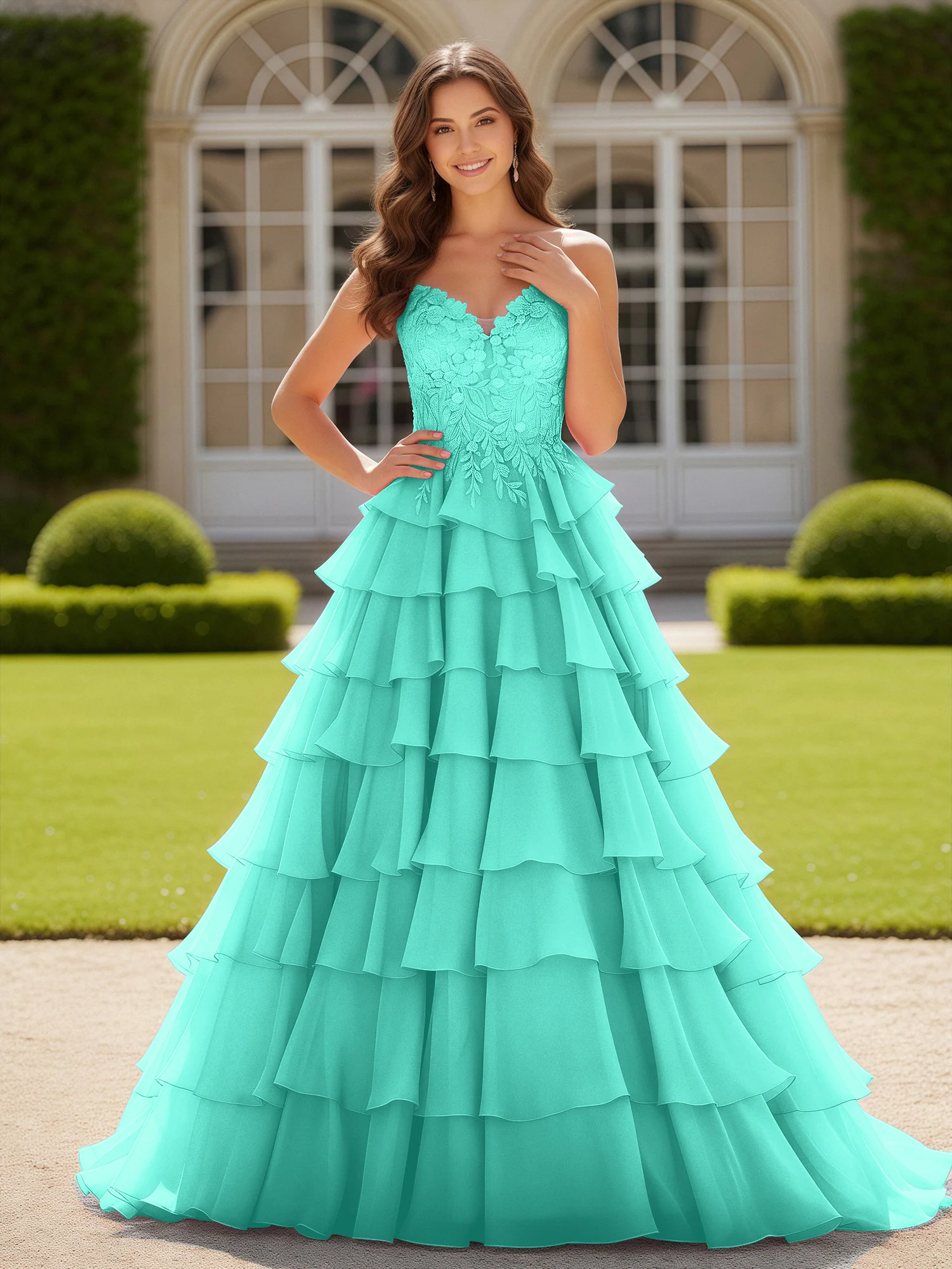 Sweetheart Applique Corset Tiered Chiffon Ball Gown Spa