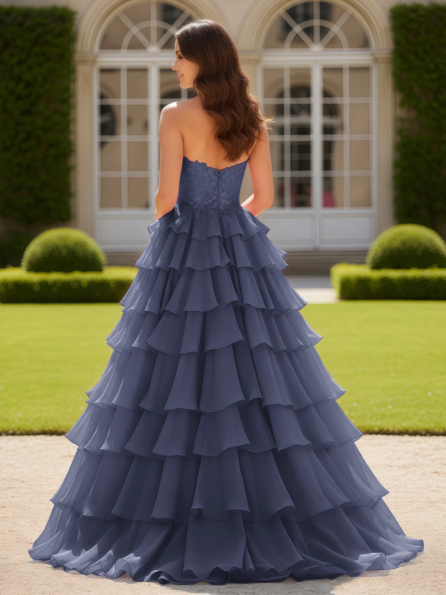 Sweetheart Applique Corset Tiered Chiffon Ball Gown Stormy - Image 2