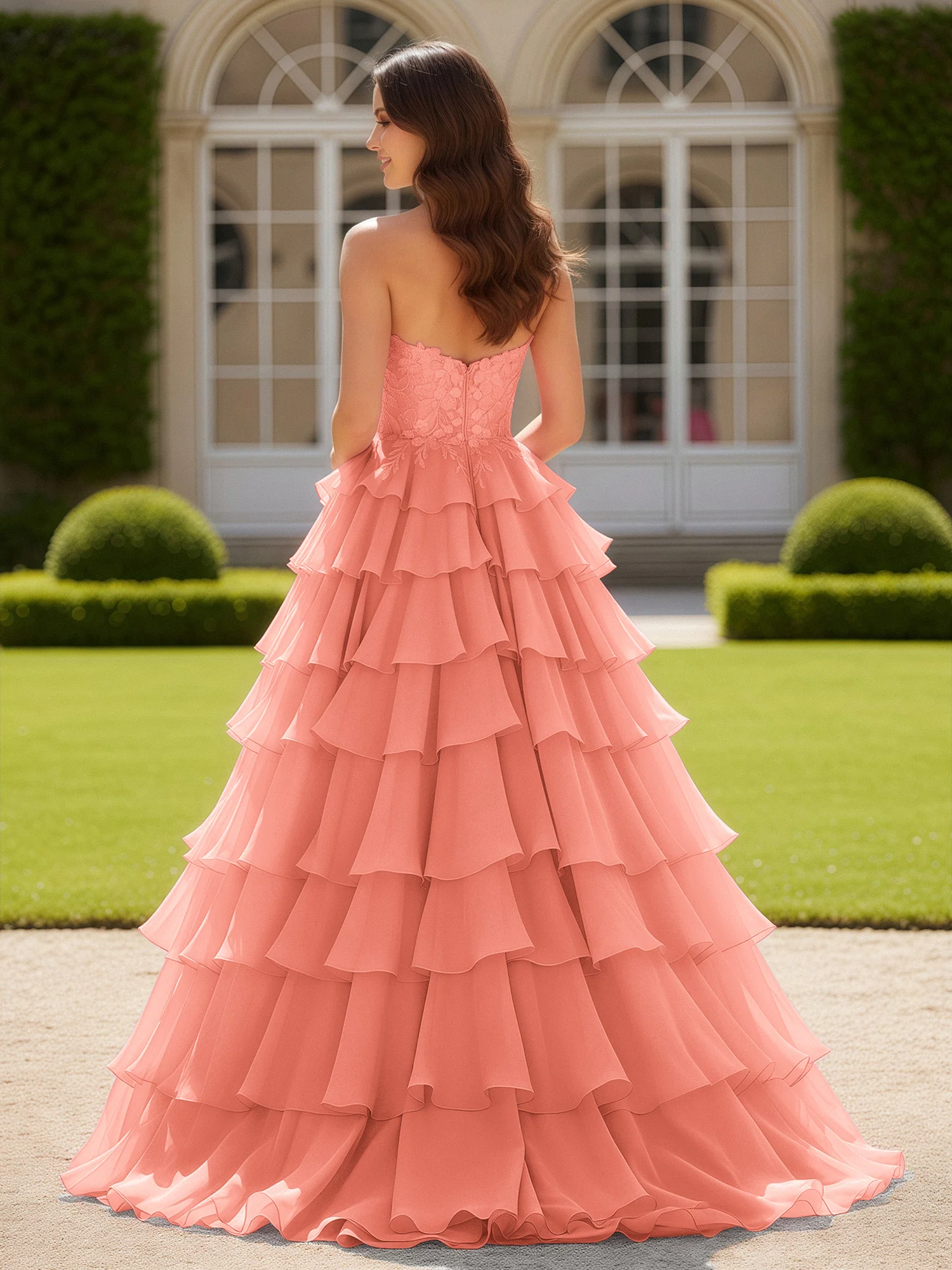 Sweetheart Applique Corset Tiered Chiffon Ball Gown Sunset - Image 2