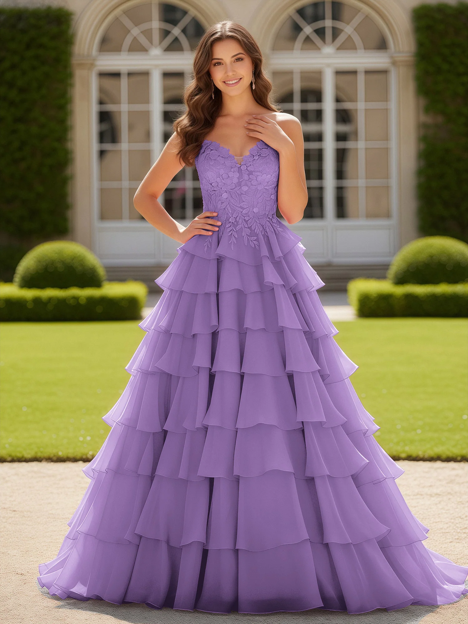 Sweetheart Applique Corset Tiered Chiffon Ball Gown Tahiti