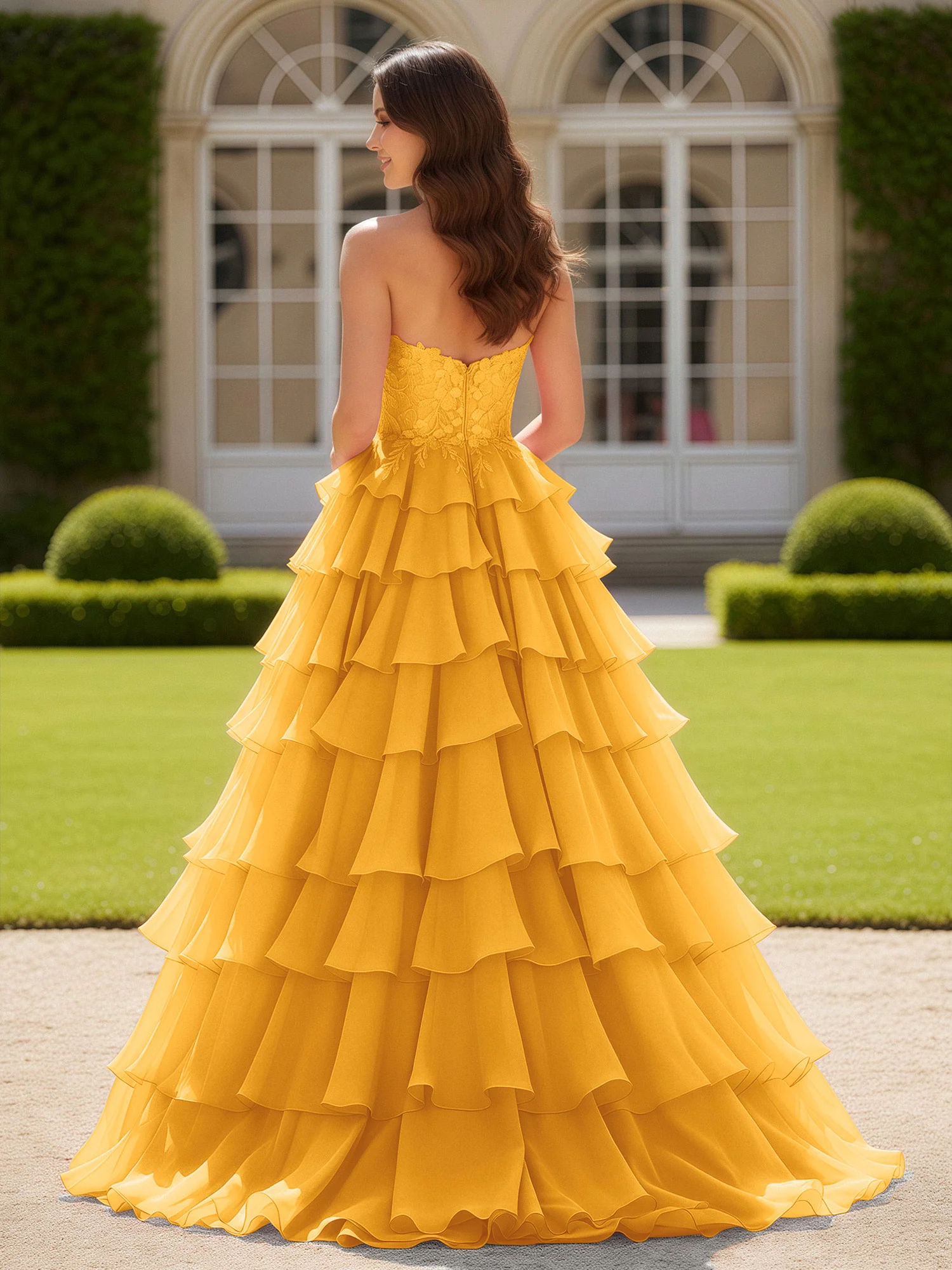 Sweetheart Applique Corset Tiered Chiffon Ball Gown Tangerine - Image 2