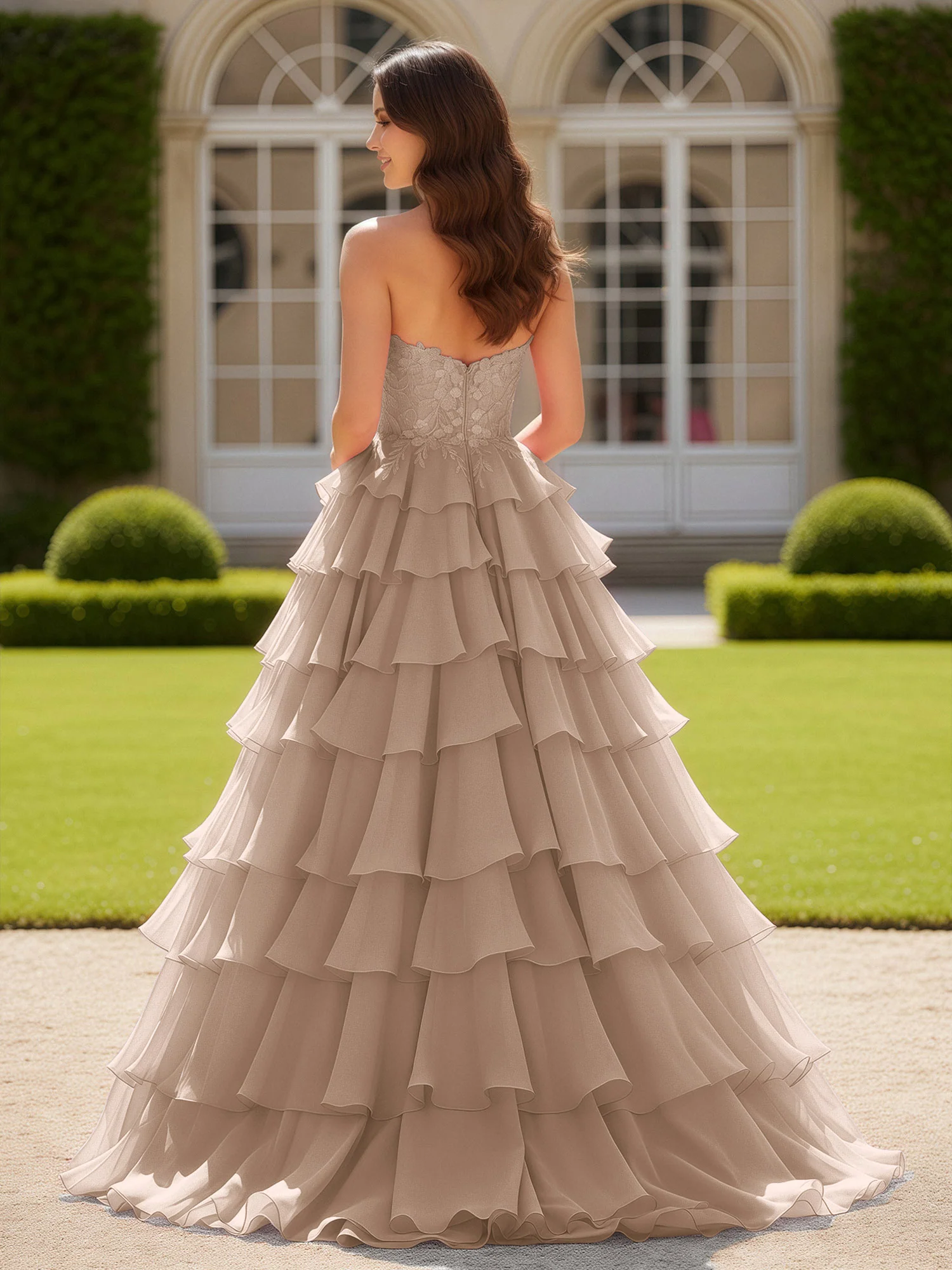 Sweetheart Applique Corset Tiered Chiffon Ball Gown Taupe - Image 2