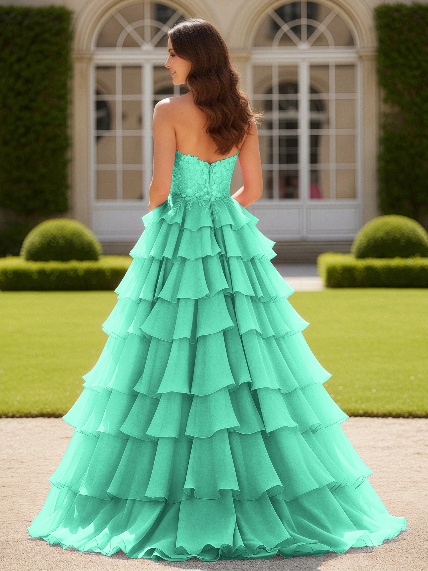 Sweetheart Applique Corset Tiered Chiffon Ball Gown Turquoise - Image 2