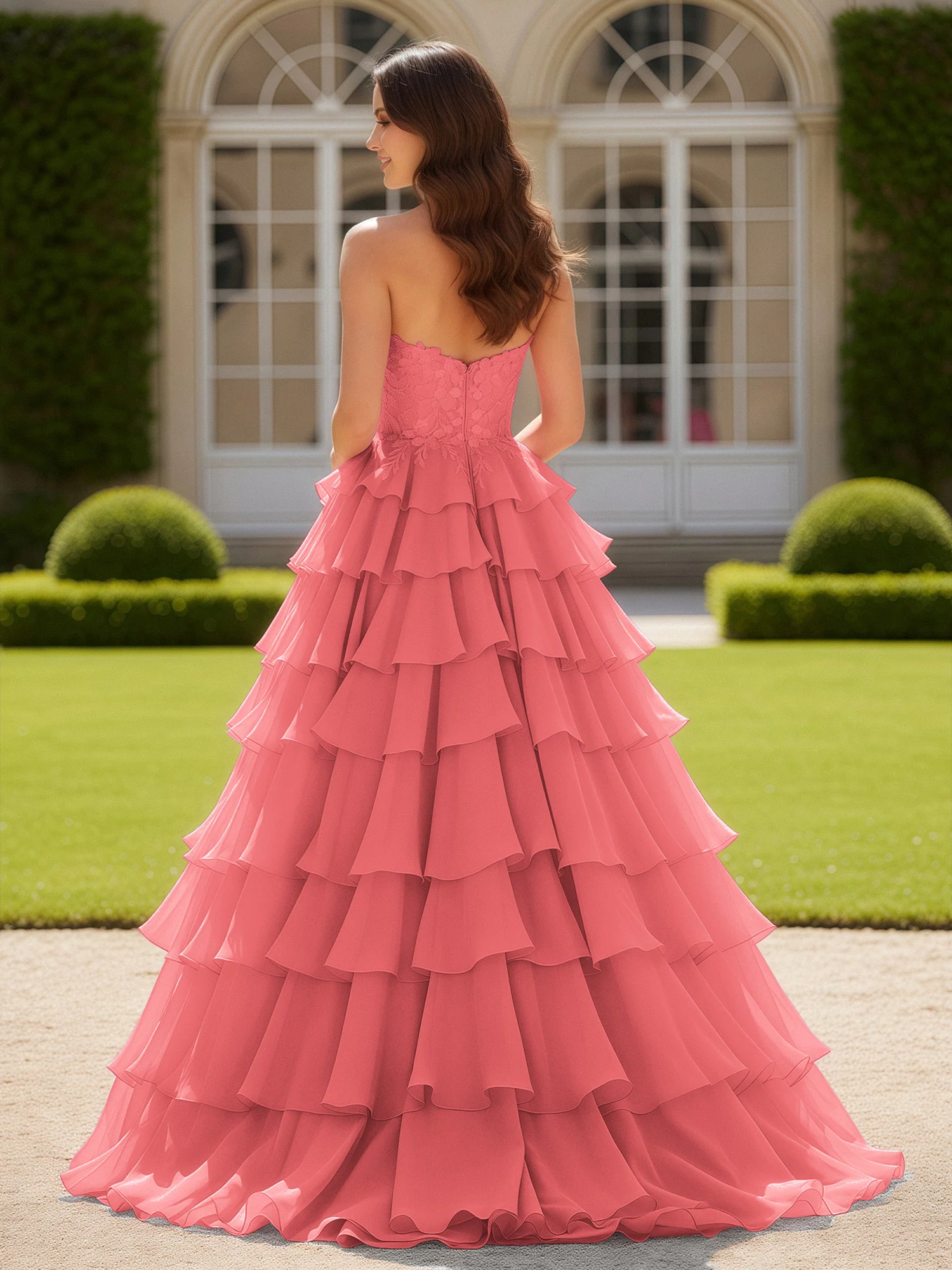 Sweetheart Applique Corset Tiered Chiffon Ball Gown Watermelon - Image 2