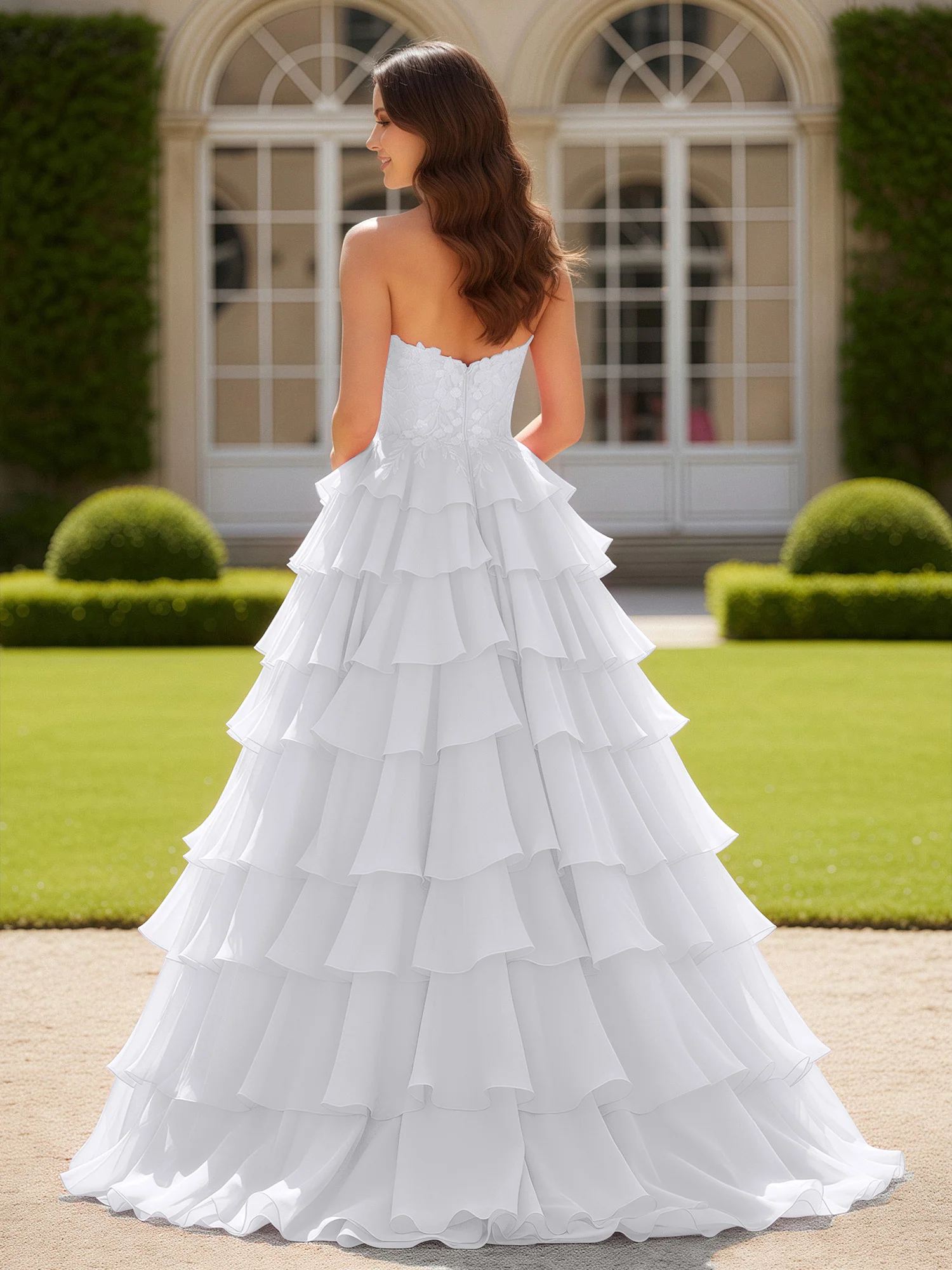 Sweetheart Applique Corset Tiered Chiffon Ball Gown White - Image 2