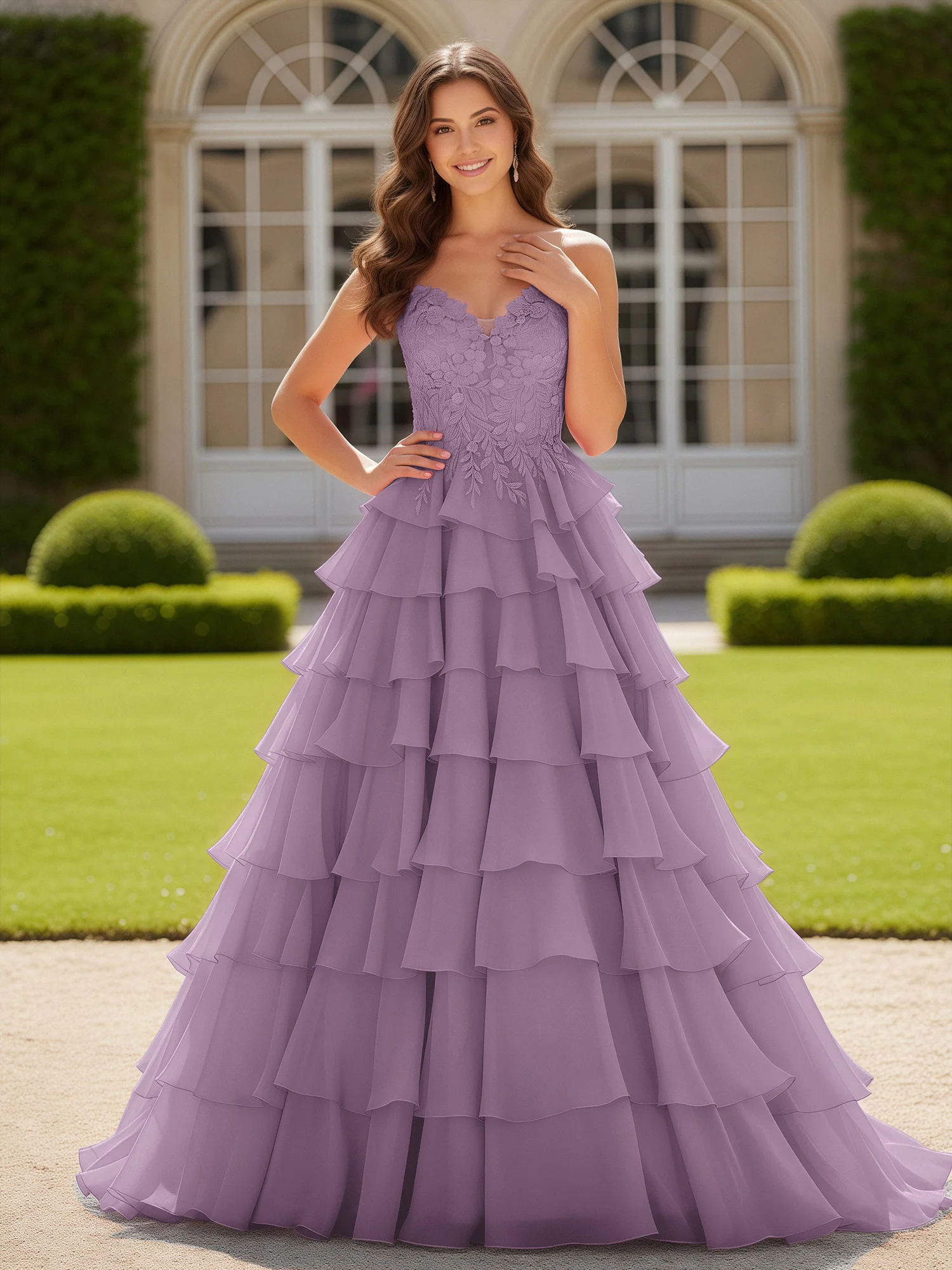Sweetheart Applique Corset Tiered Chiffon Ball Gown Wisteria