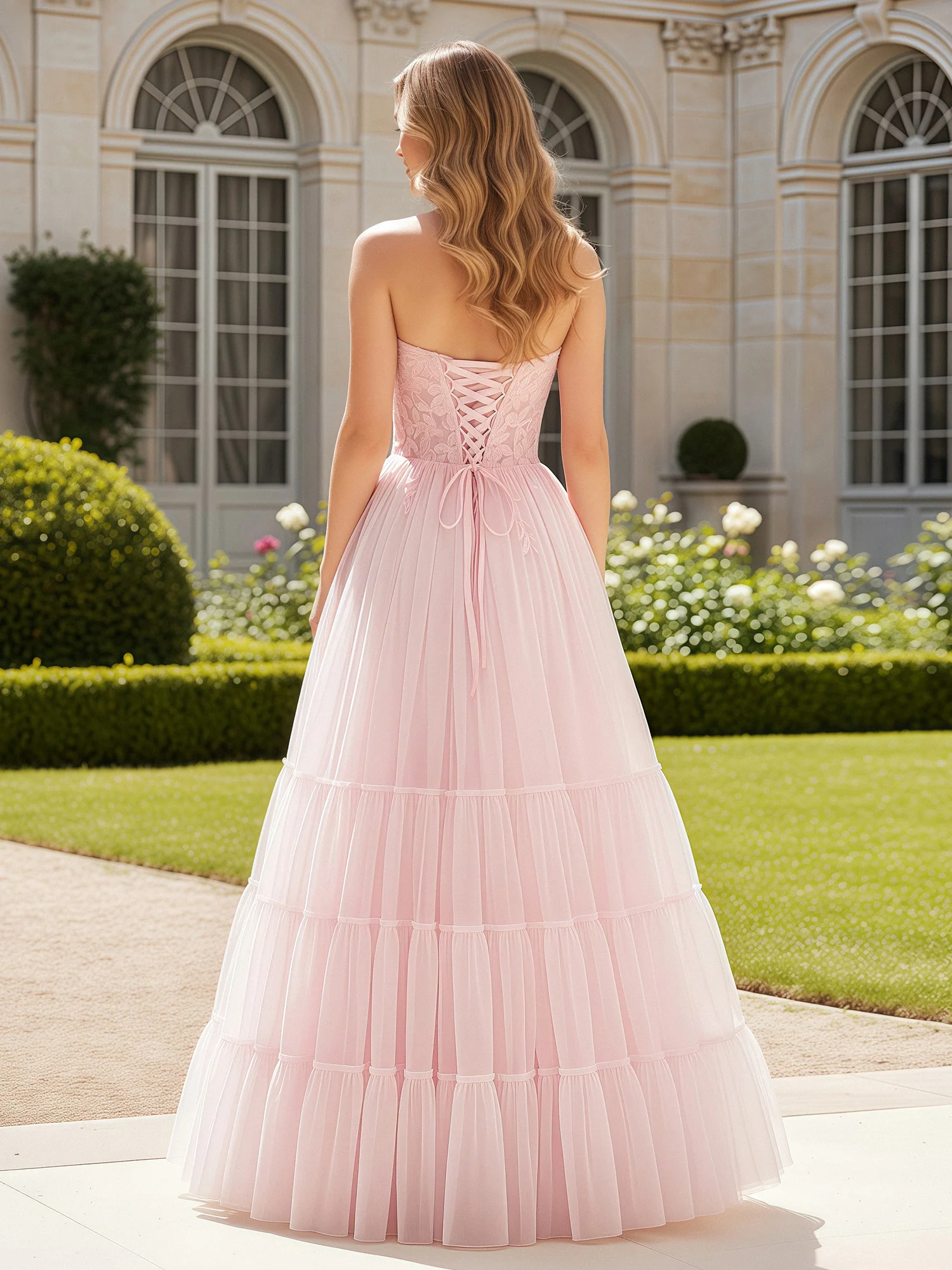 Sweetheart Appliqued Corset Tulle Dress With Slit Blushing Pink - Image 2