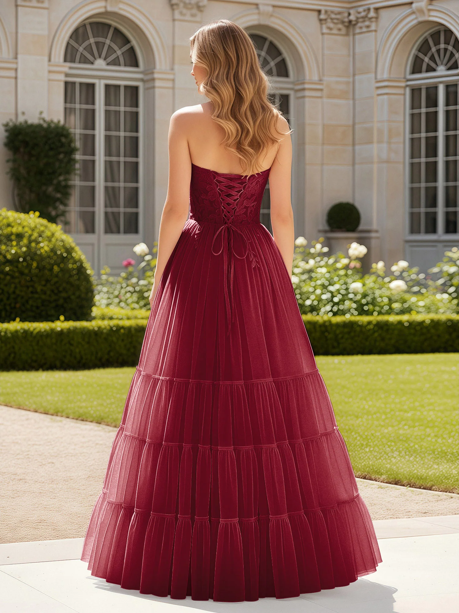 Sweetheart Appliqued Corset Tulle Dress With Slit  Burgundy - Image 2