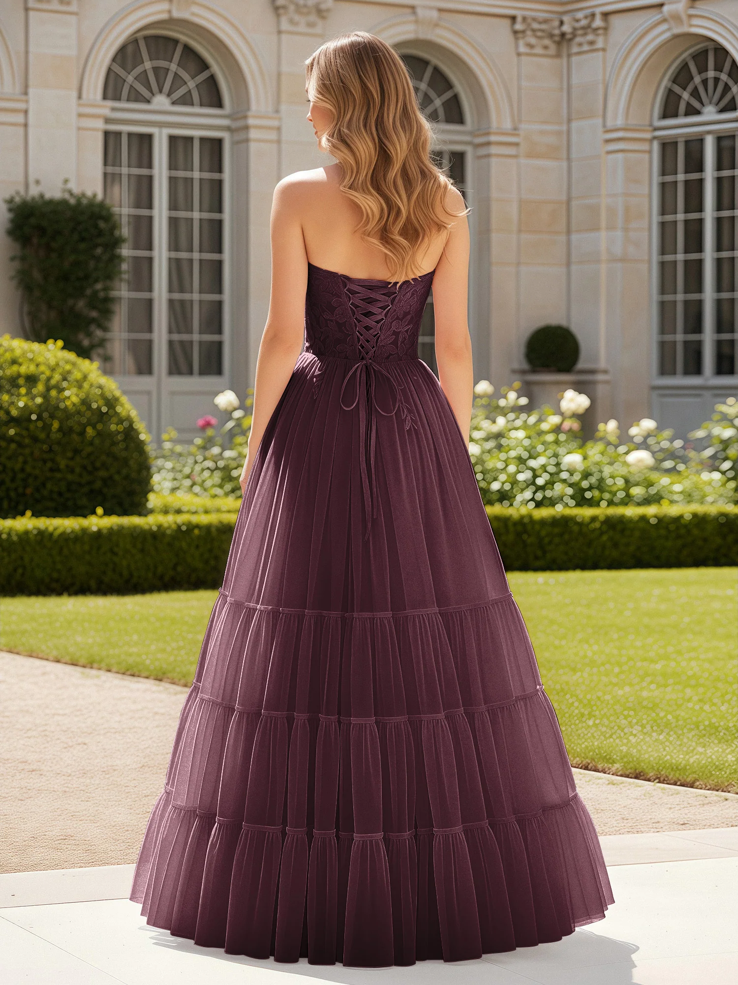 Sweetheart Appliqued Corset Tulle Dress With Slit  Cabernet - Image 2