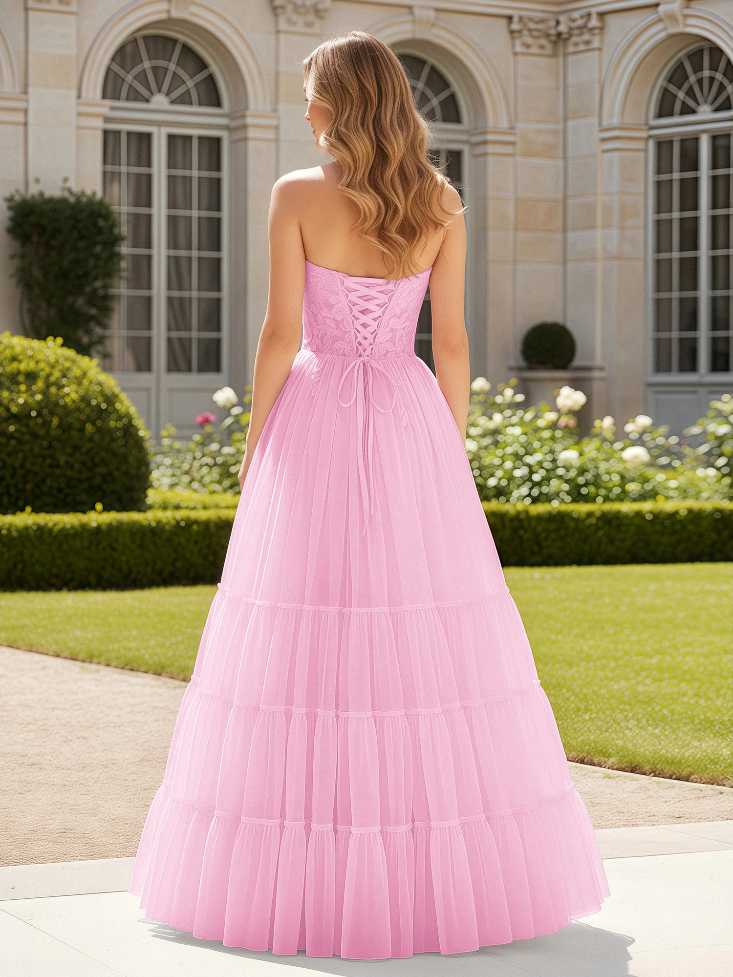 Sweetheart Appliqued Corset Tulle Dress With Slit  Candy Pink - Image 2