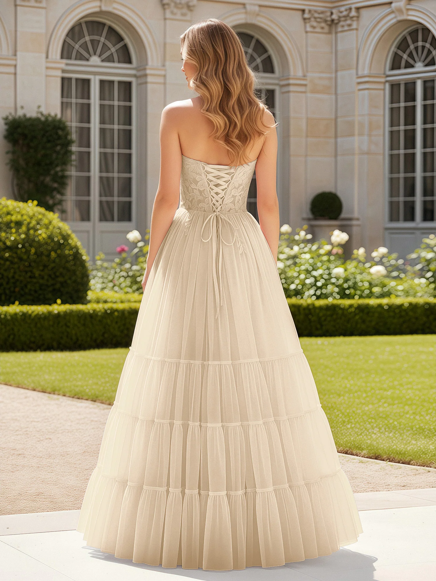 Sweetheart Appliqued Corset Tulle Dress With Slit  Champagne - Image 2