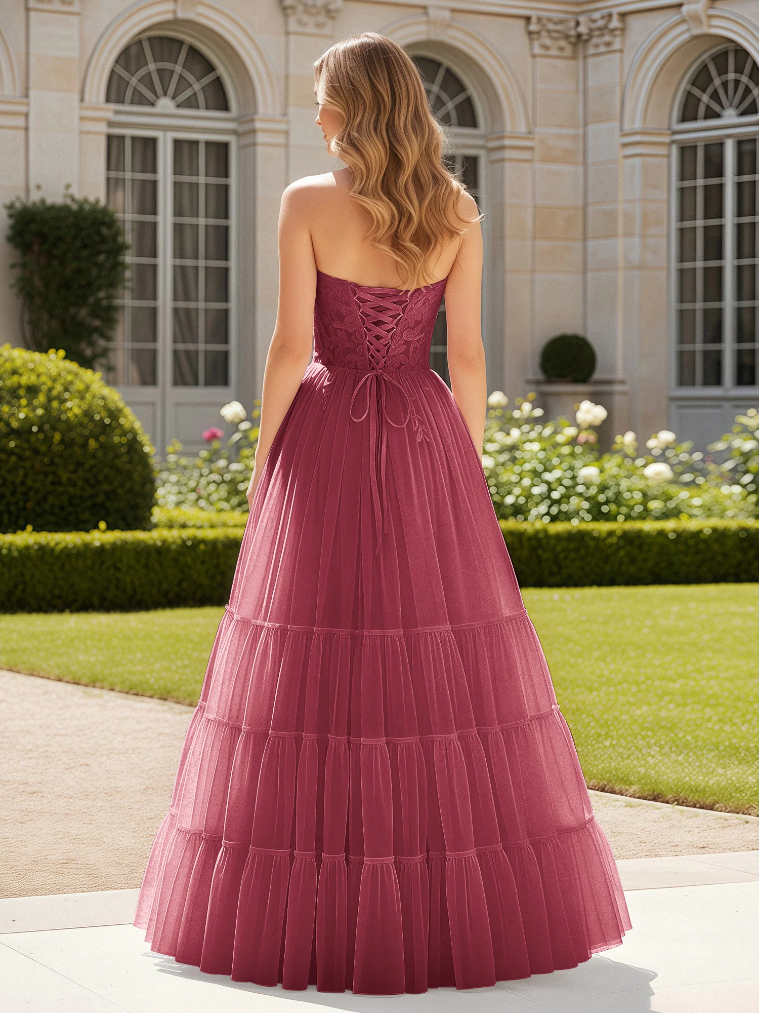 Sweetheart Appliqued Corset Tulle Dress With Slit Cinnamon Rose - Image 2