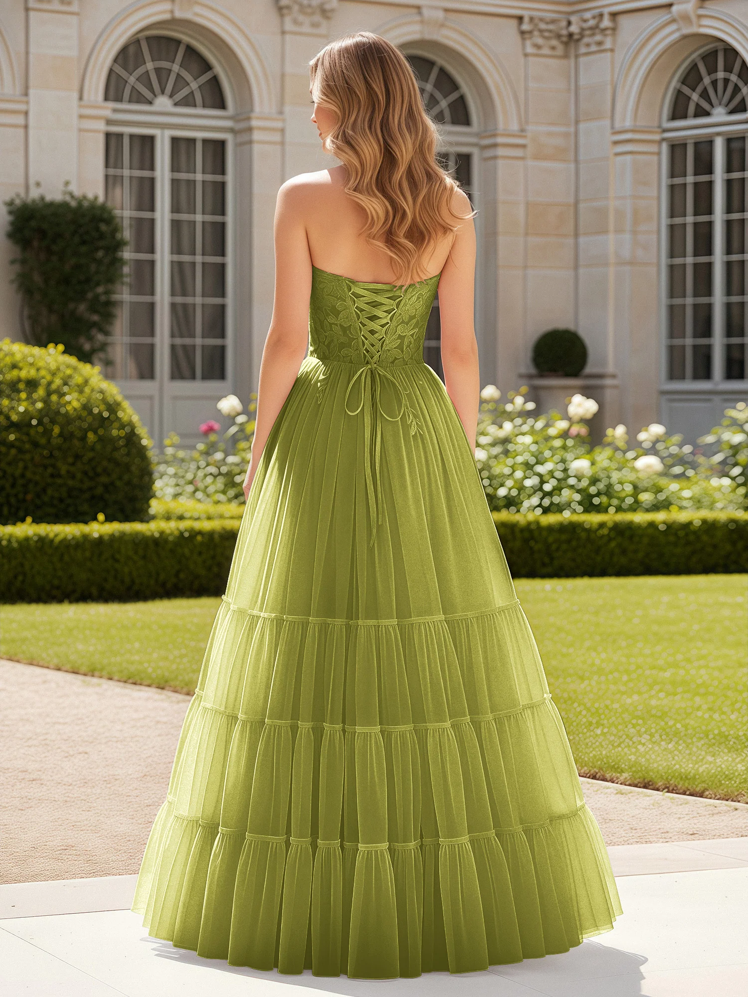 Sweetheart Appliqued Corset Tulle Dress With Slit  Clover - Image 2