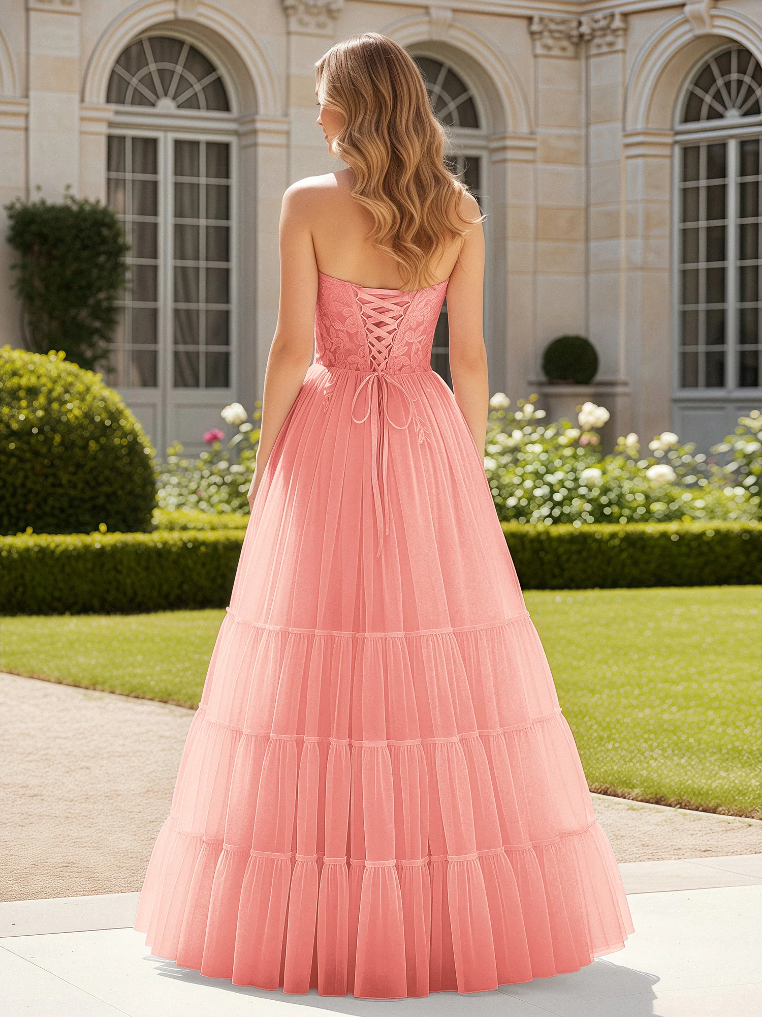 Sweetheart Appliqued Corset Tulle Dress With Slit Coral - Image 2