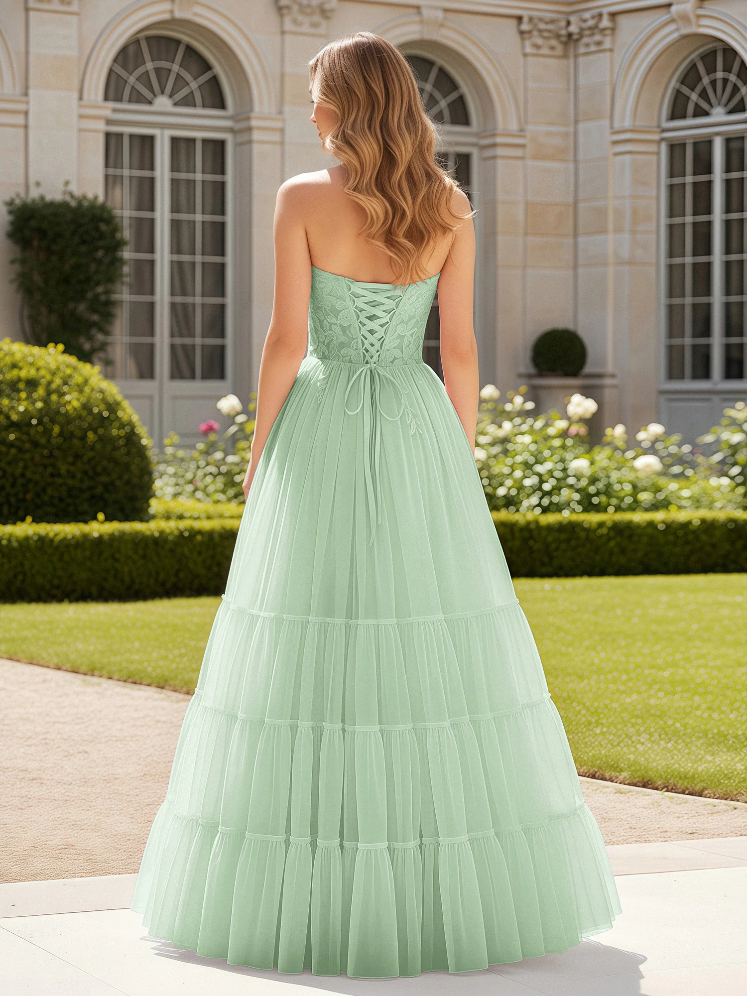 Sweetheart Appliqued Corset Tulle Dress With Slit  Dusty Sage - Image 2